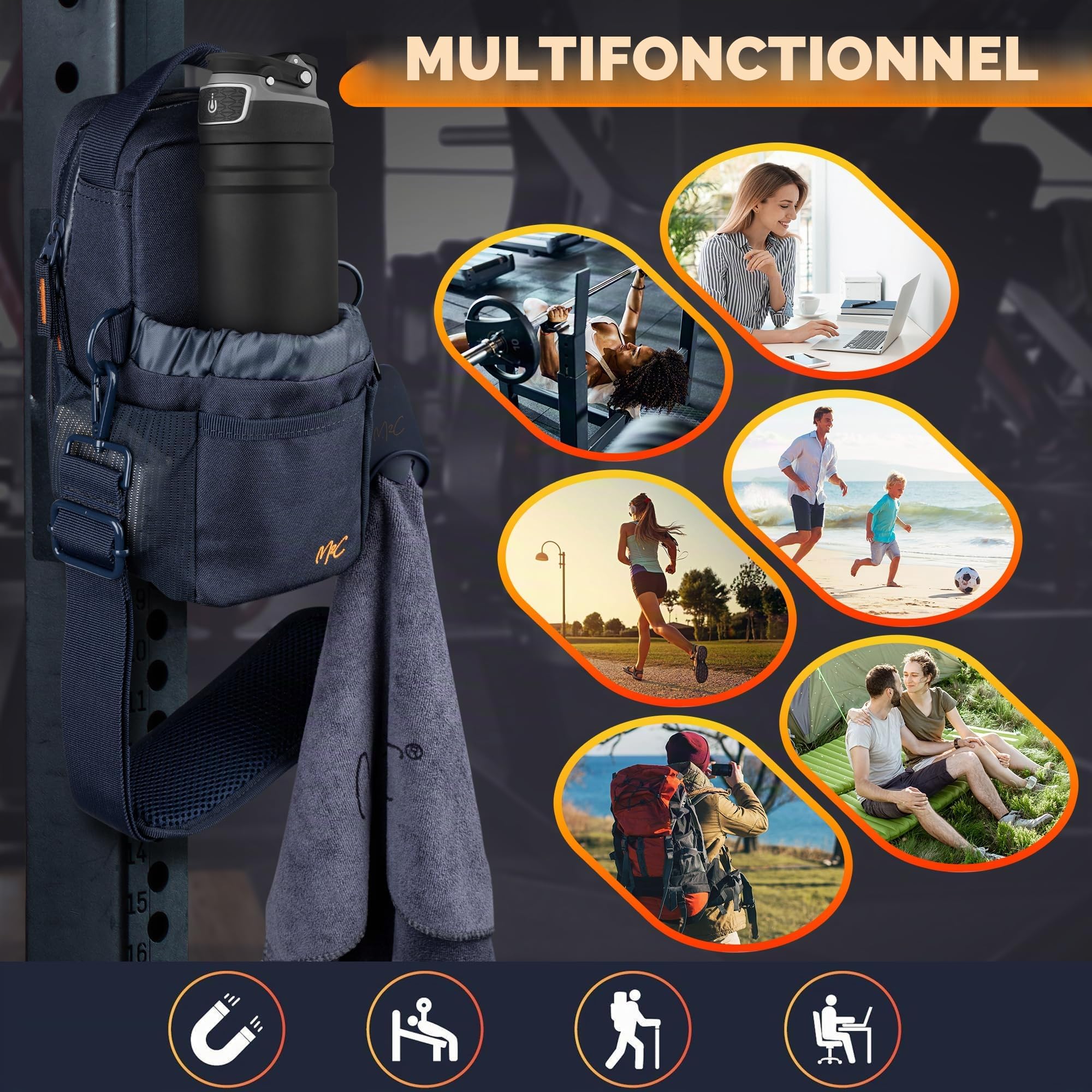 M2C® Sac Magnétique Salle De Sport avec Aimants Puissants | Avec Support Bouteille, Support Téléphone, Clip Porte-Clés, Grande Poche Principale, Serviette De Sport Et Porte-Serviette