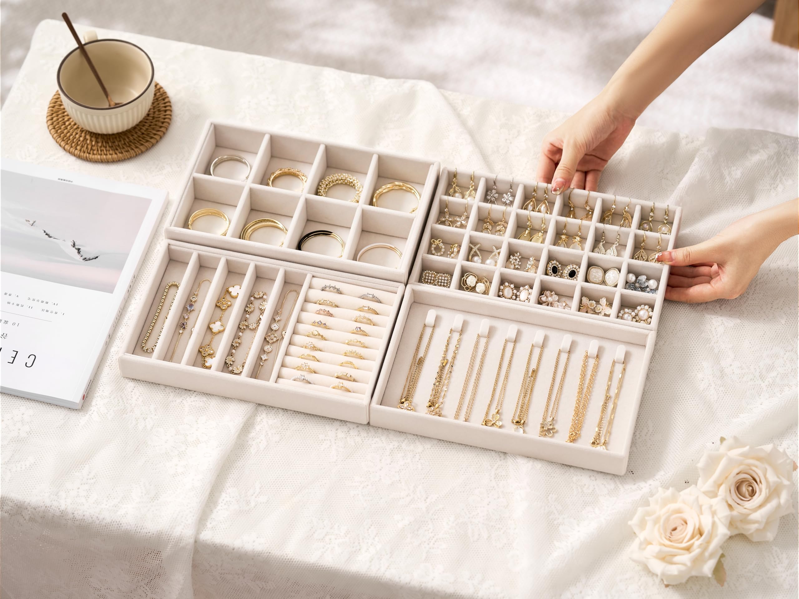 Velvet Jewelry Drawer Organizer Trays – Beige Stackable Jewelry Storage Inserts Set, 4-Layer Jewelry Tray Set for Earrings, Rings, Necklaces, Bracelets with Removable Dividers for Dresser & Vanity