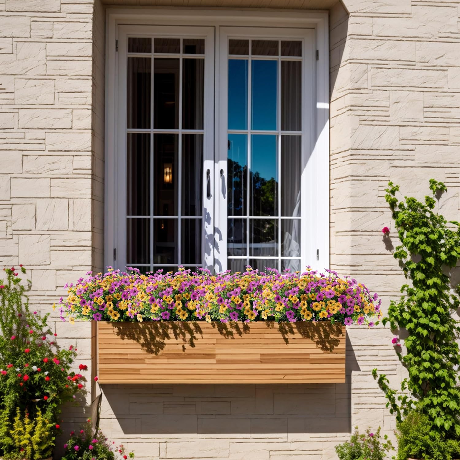 Artificial Silk Spring Flowers Hanging Basket for Outdoor Indoor, Daisy with Eucalyptus Leaves Arrangement for Yard Decor, Faux Green Plant in Metal Coconut Lining Pot(Purple Yellow) - Image 7