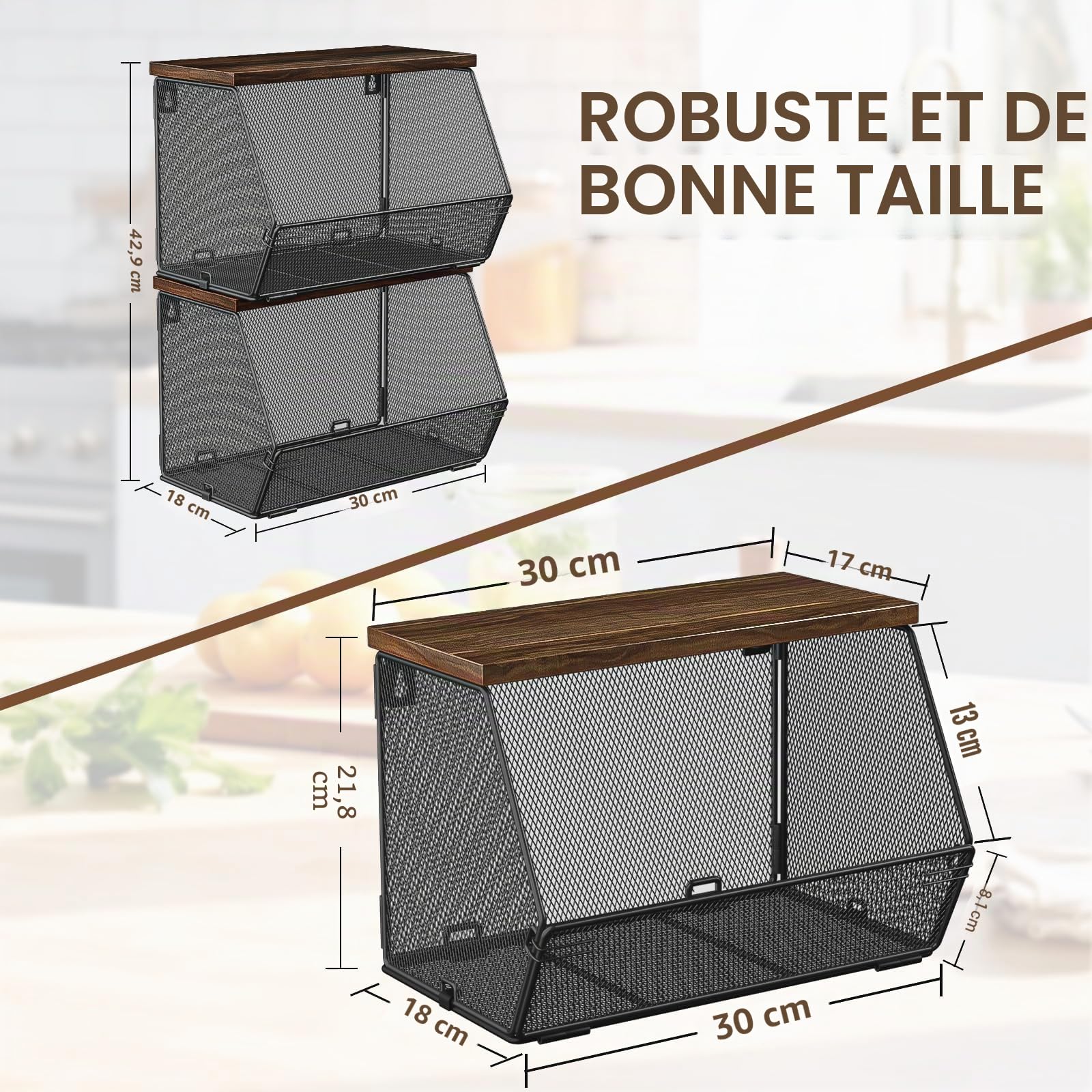 Panier Fruits, 2 Etages Panier a Fruit Etagere de Murale Cuisine | Empilable Rangement Legumes, avec Un Couvercle en Bois et Crochets pour Fruit Basket pour Rangement Fruits et Légumes