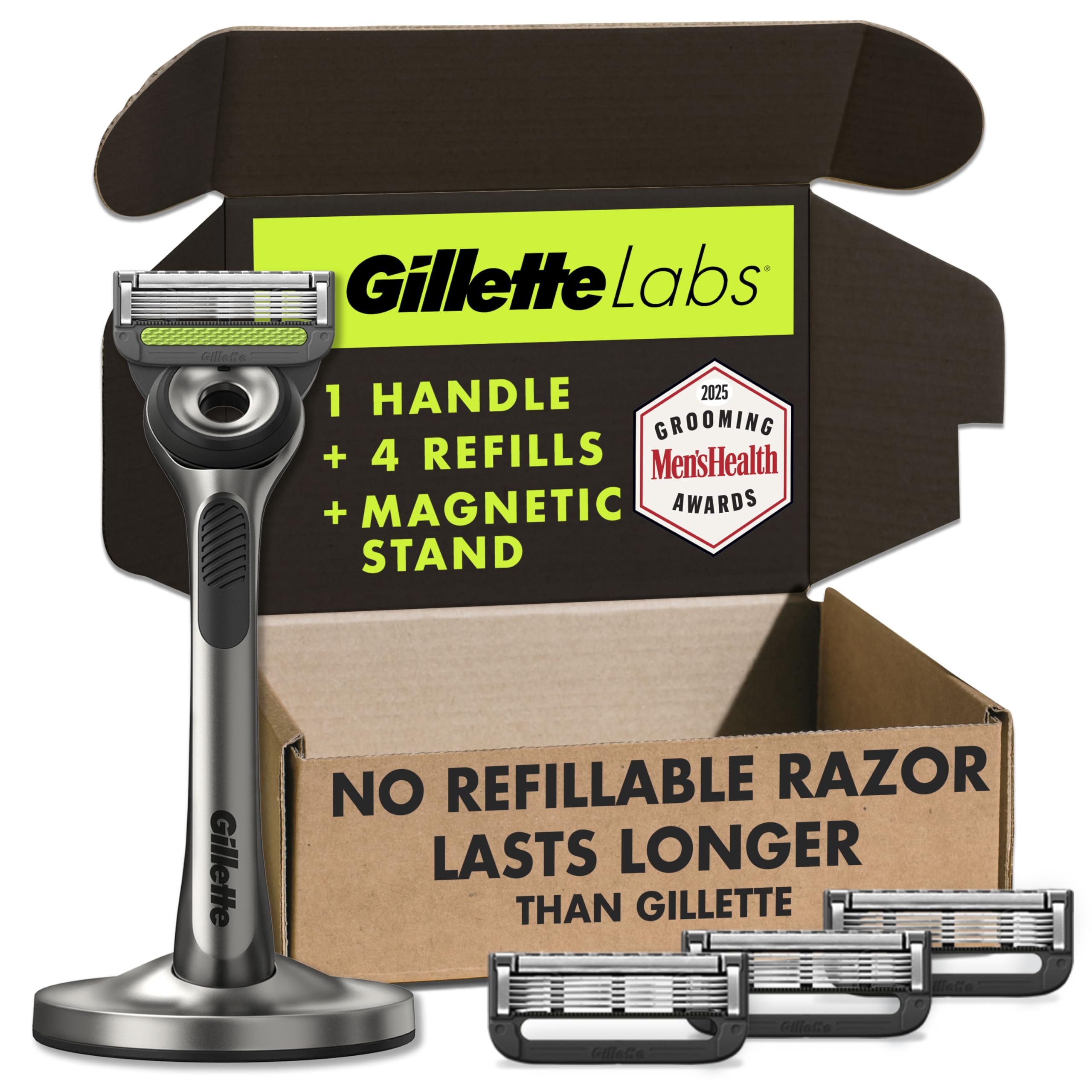 Gillette Mens Razor with Exfoliating Bar by GilletteLabs, Shaving Kit for Men, Includes 1 Handle, 4 Razor Blade Refills, 1 Premium Magnetic Stand