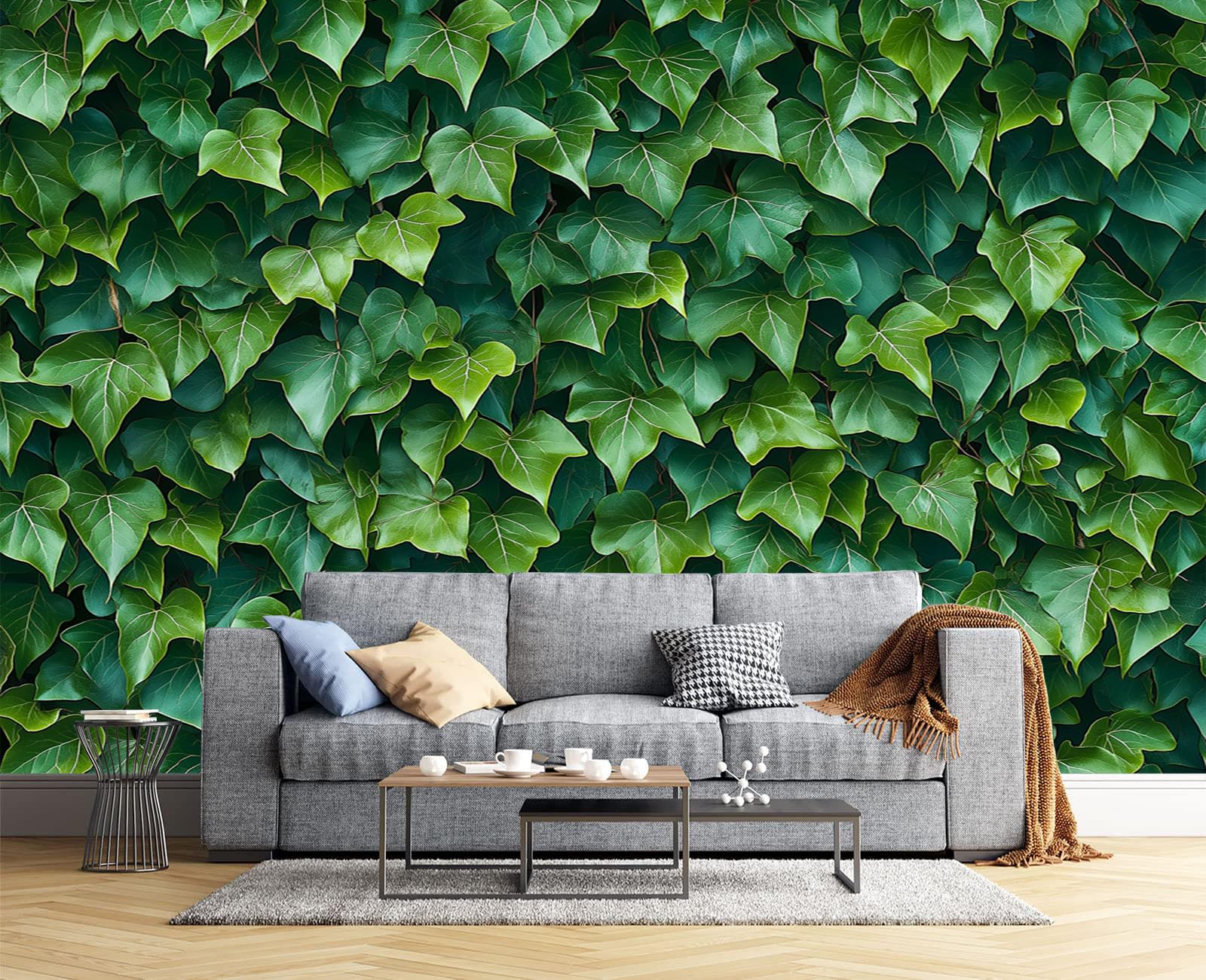 Papier peint panoramique vert foncé 300x210cm avec motif feuille de lierre