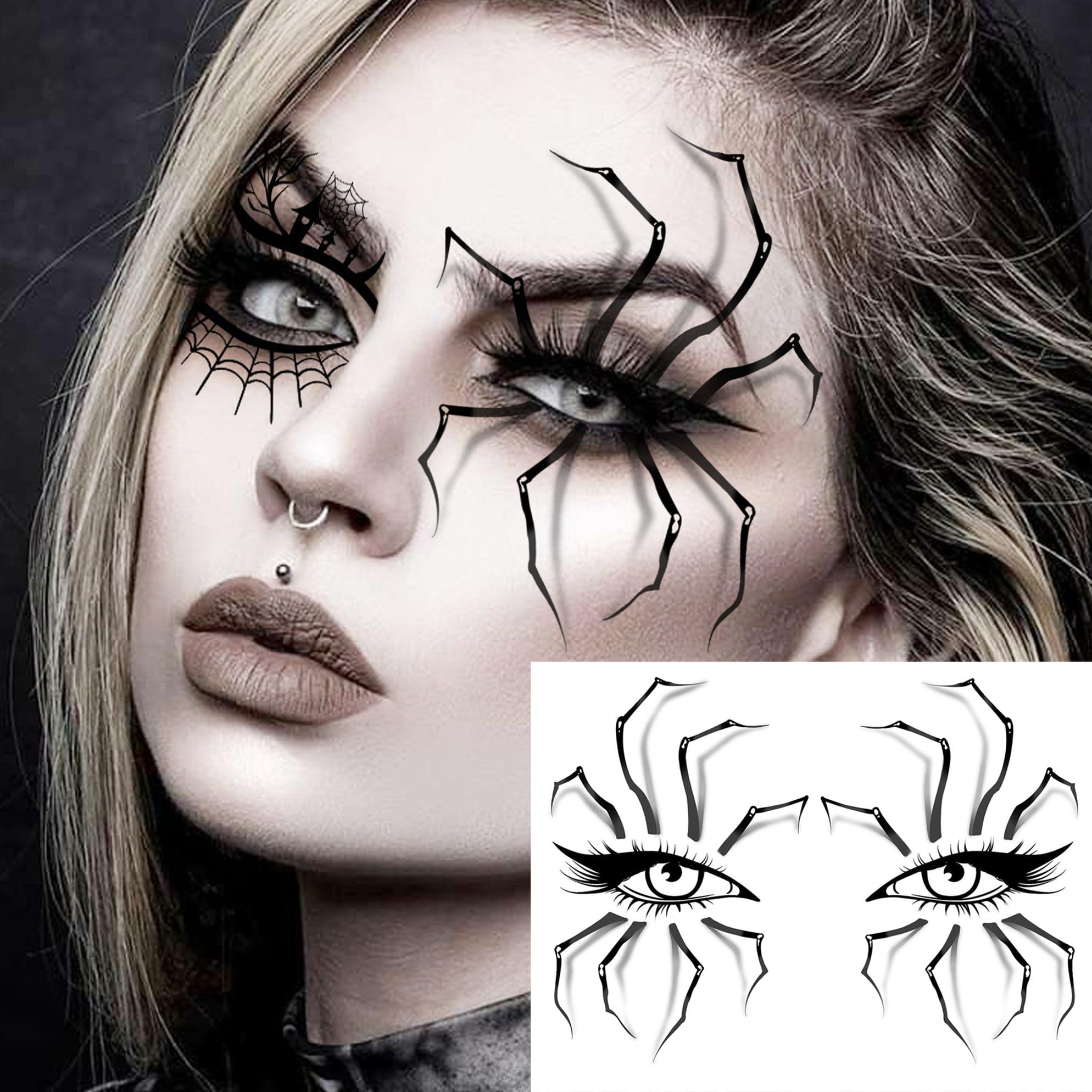 7 Sheets Halloween Eye Shadow Temporary Tattoos for Women Men Kids Adults Scary Face 3D Spider Web Tattoo Stickers - Image 2
