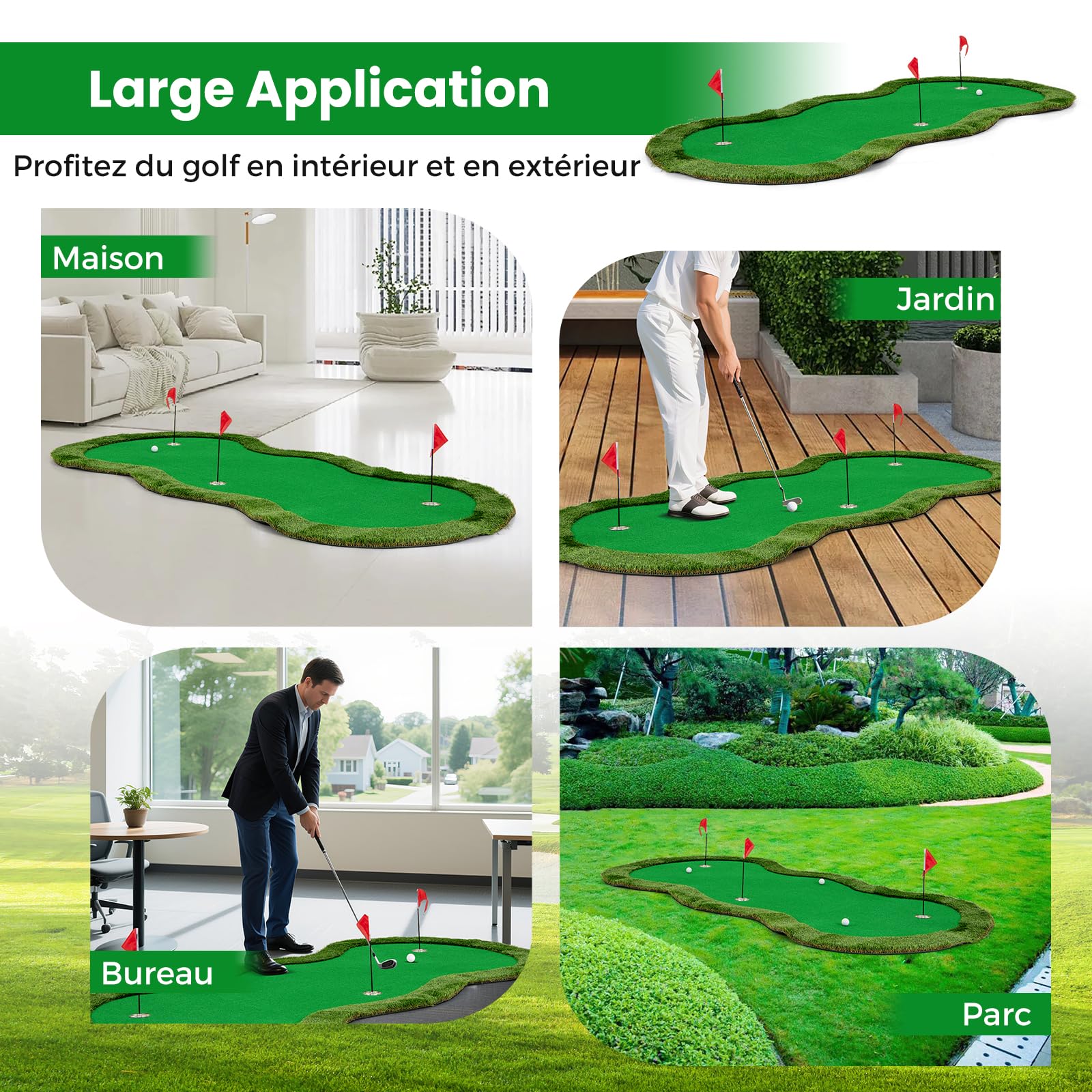 GOPLUS Tapis de Putting Golf avec 3 Trous, Couvercles de Trous, Tapis d’Entraînement de Golf Professionnel avec Gazon Synthétique, Gobelets, Balles, Intérieur & Extérieur