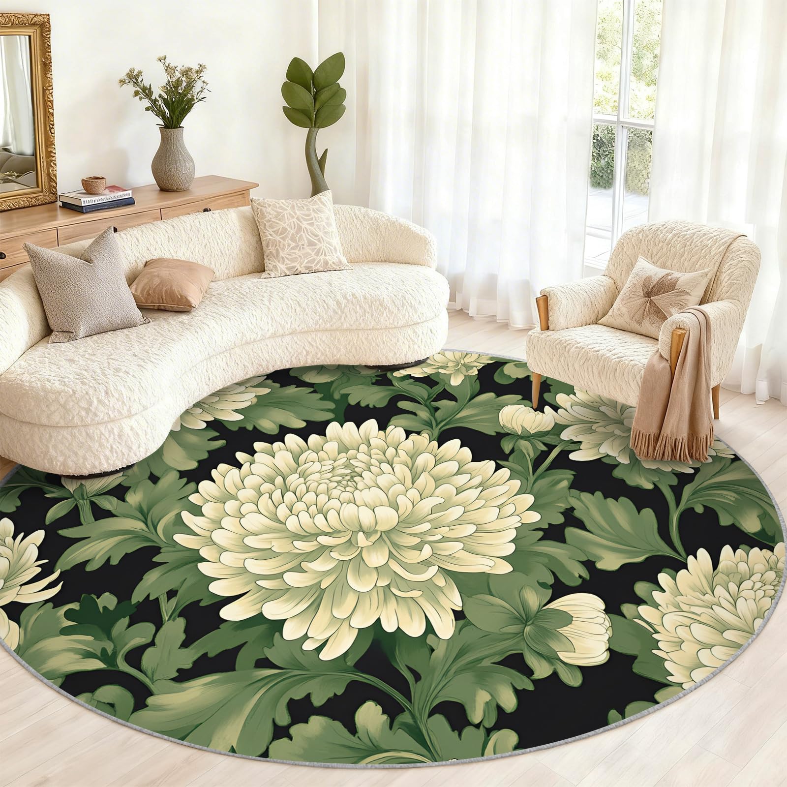Tapis rond motif chrysanthème sauge, 2 m, crème