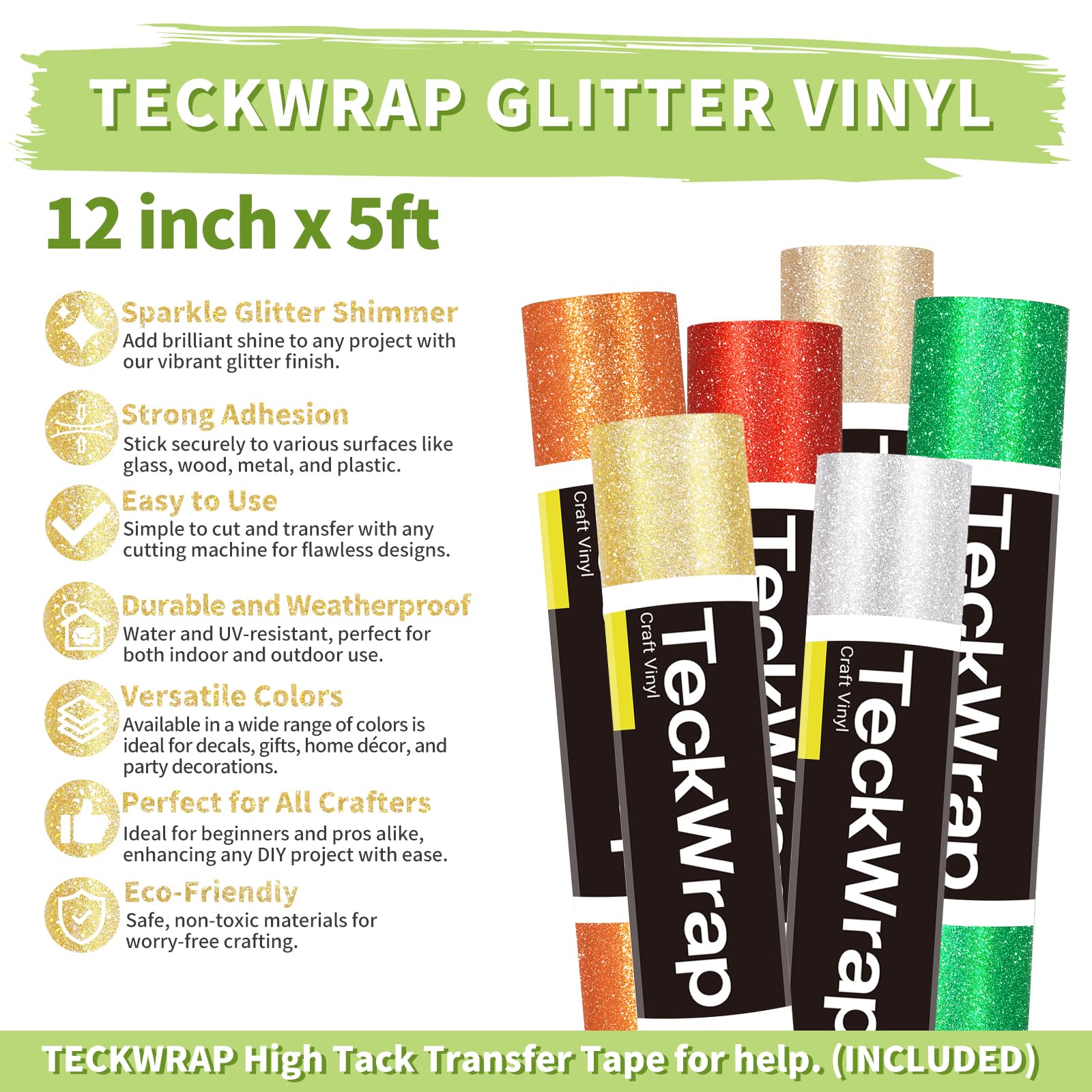 TECKWRAP Glitter Vinyl Shimmer Adhesive Craft Vinyl, 1ft x 5ft Roll - Permanent Glitter Vinyl for Craft Cutting Machines - Ideal for Scrap-Booking, Decals, DIY Projects, Home Decor, Gold
