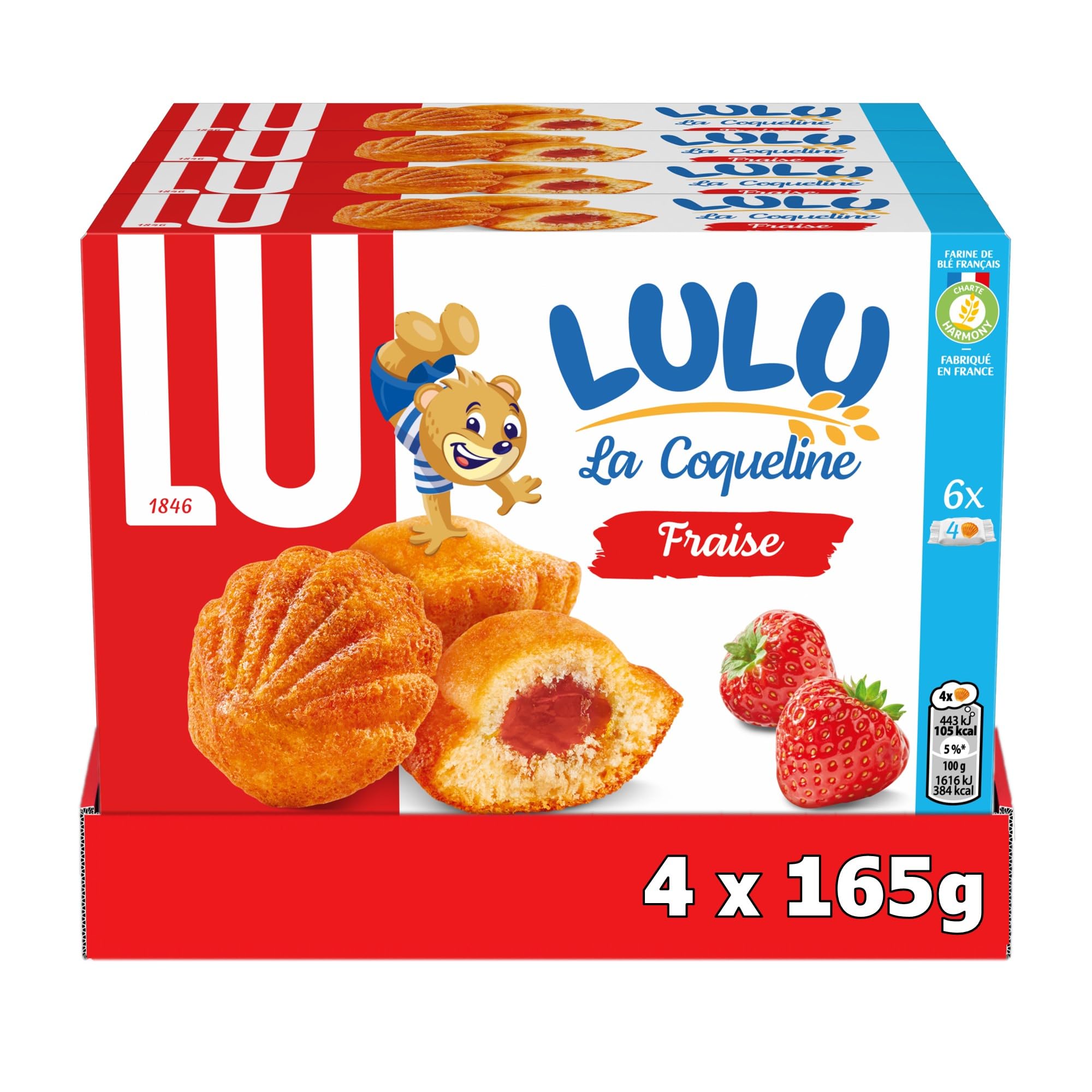 LU - LULU La Coqueline Fraise - 4 Boîtes de 6 sachets de 4 Gâteaux Lulu La Coqueline à la Fraise - Gâteau Moelleux Fourré à la Fraise - Idéal à Emporter pour le Goûter des Enfants - Lot de 4x165g