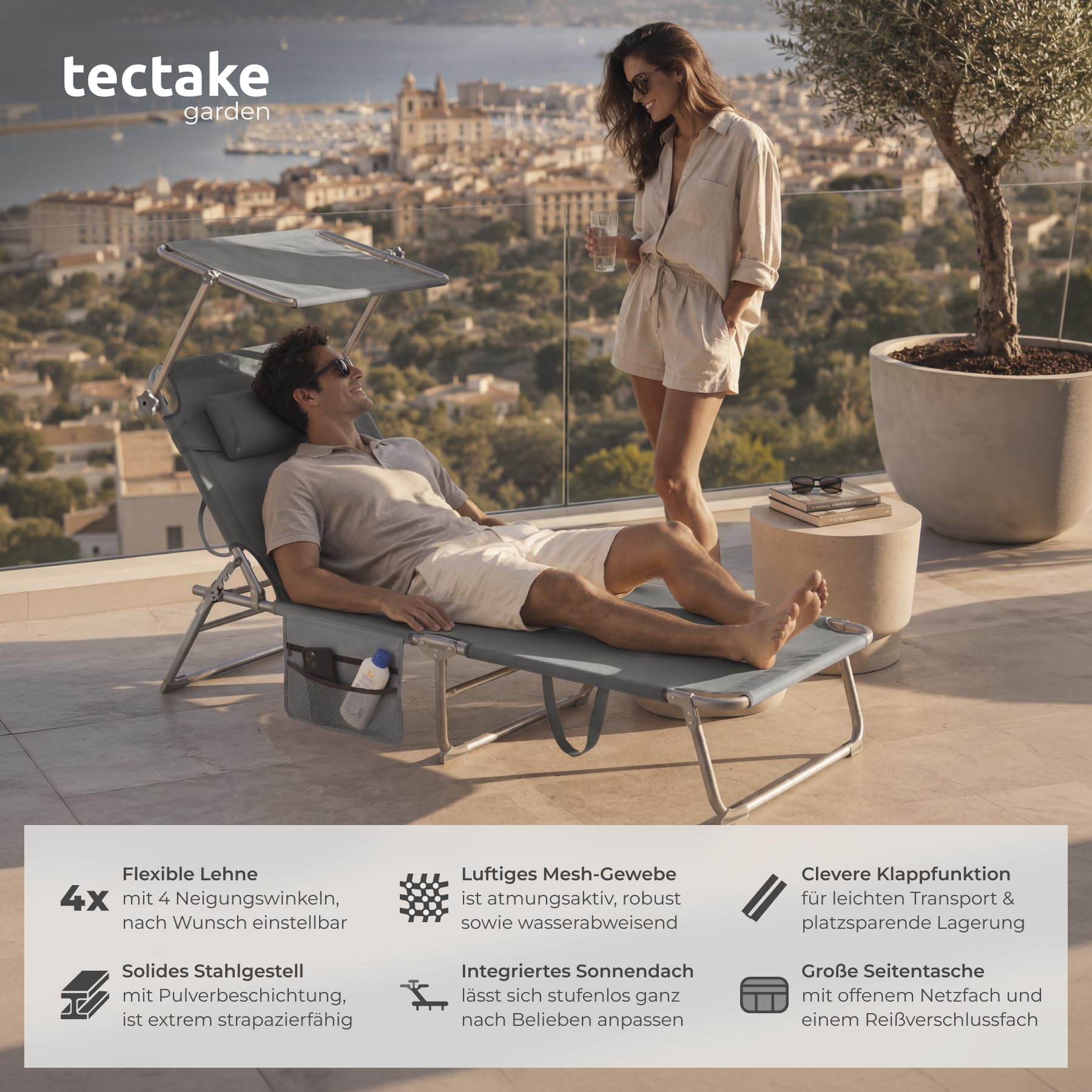 tectake® 2er Set Sonnenliege klappbar und tragbar, Liege mit Seitentasche, Strandliege, Gartenliege mit Dach, Liegestuhl mit Verstellbarer Rückenlehne, Kopfkissen - für Balkon, Terrasse (grau)