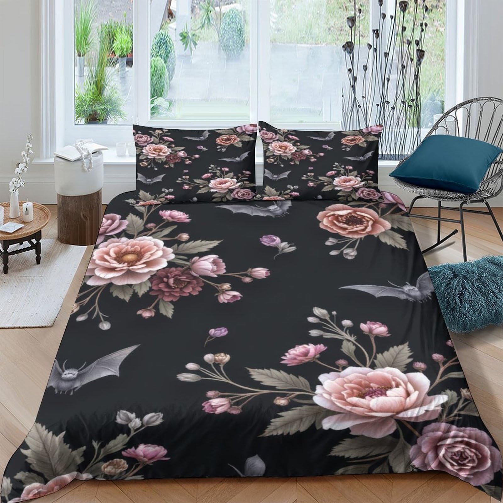 GPLZQXKJNH 3D Printed Black Rose Floral Duvet Cover Microfiber Soft Breathable Pink Peony Bedding Set with 2 Pillowcases for Bedroom Apartment Decor Single（135x200cm）