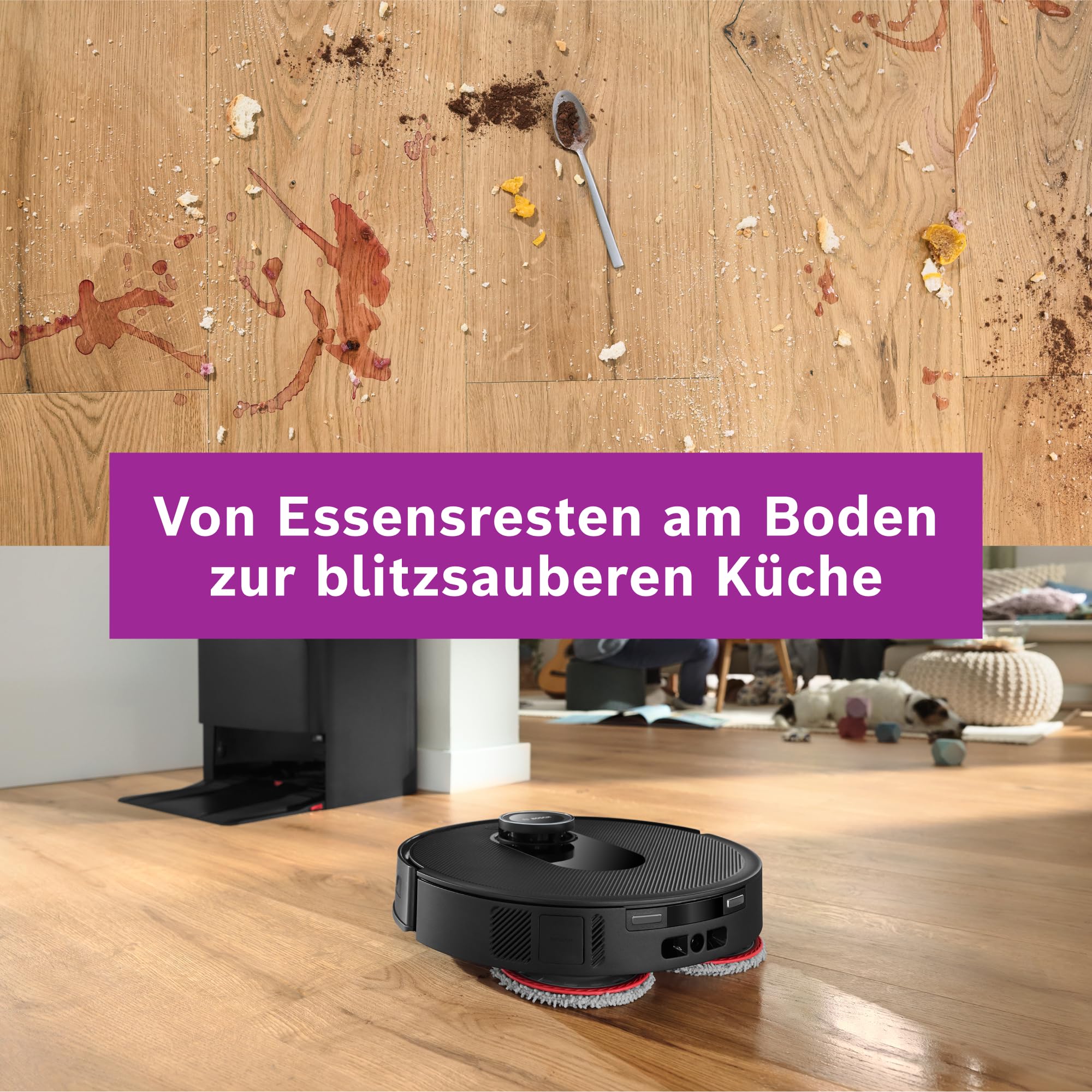 Bosch Spotless Max BCRDW3B Saugroboter mit Wischfunktion, 11.000 Pa Saugkraft, rotierende Wischpads, Nass-Trocken-Servicestation, Selbstreinigung, Smart Vision Navigation, Steuerung per App, schwarz