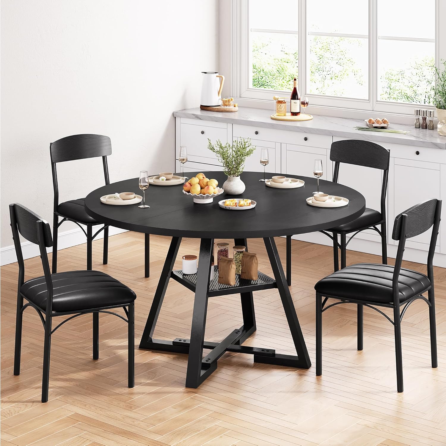 Round Dining Table Set for 4, Kitchen Table and Chairs for 4, Circle Table Round Pedestal Dining Room Dinner Dinette Table Set,5 Piece Space Saving Wood Kitchen & Dining Room Tables (Black, 47In)