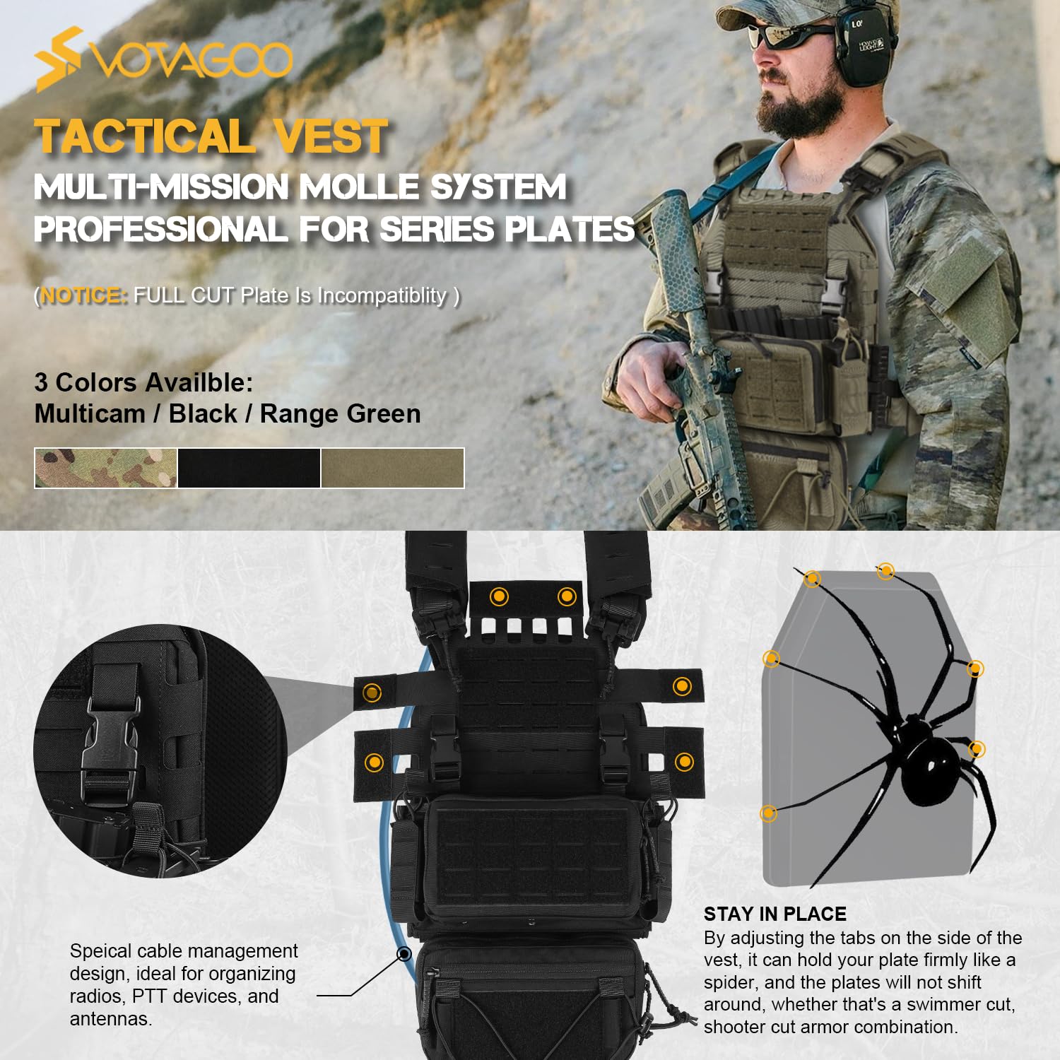 VOTAGOO GEAR 500D Schnellverschluss Modularer Plattenträger Herren Trainingsweste mit Fallbeutel, verstellbare Trainingsweste für Outdoor
