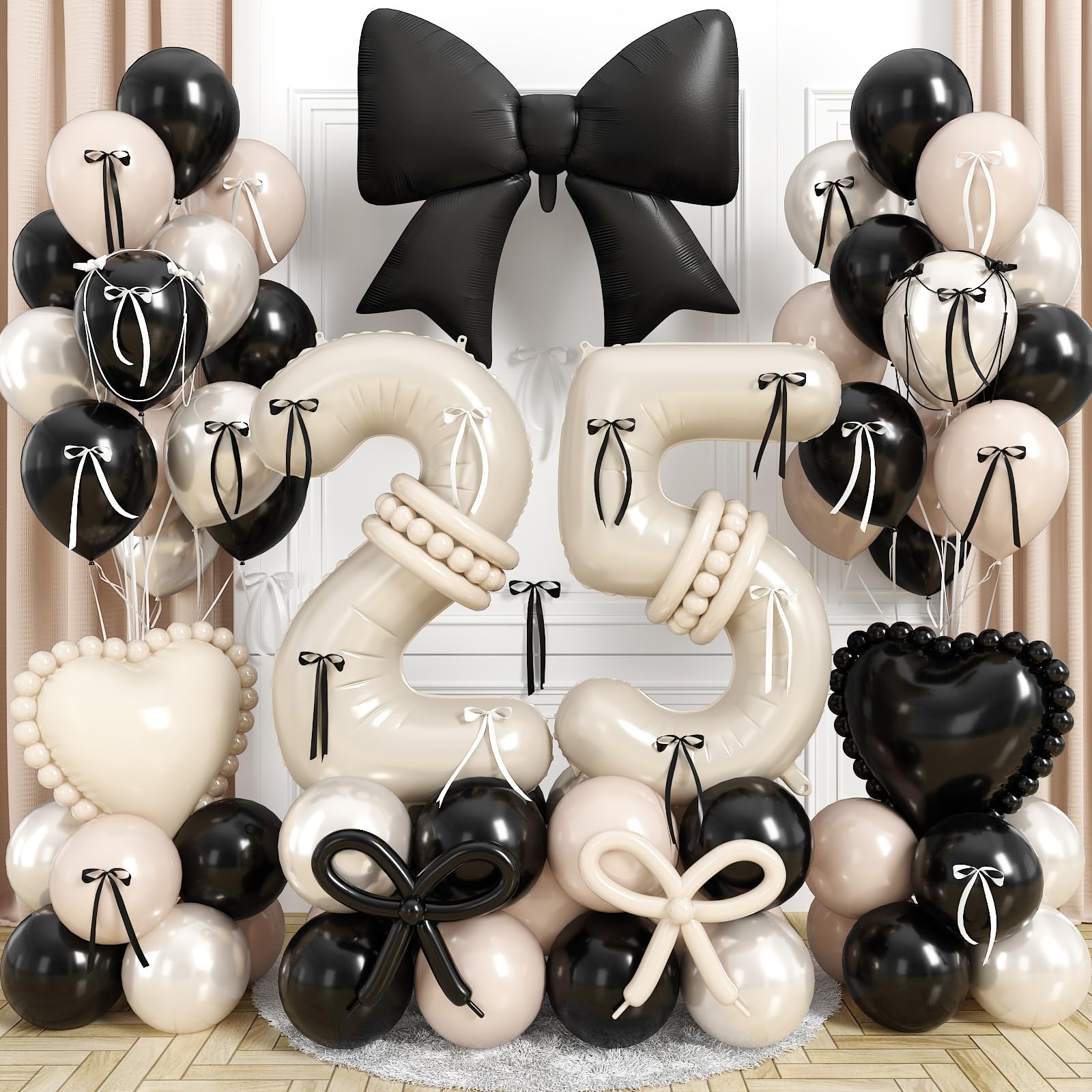 40 Inch Cream Balloon Number 25 for 25th Birthday Decorations Women, Double Stuff Pearl White Black Beige Latex Balloon Bow Heart Foil Balloon for Coquette 25 Year Old Birthday Anniversary Party Decor