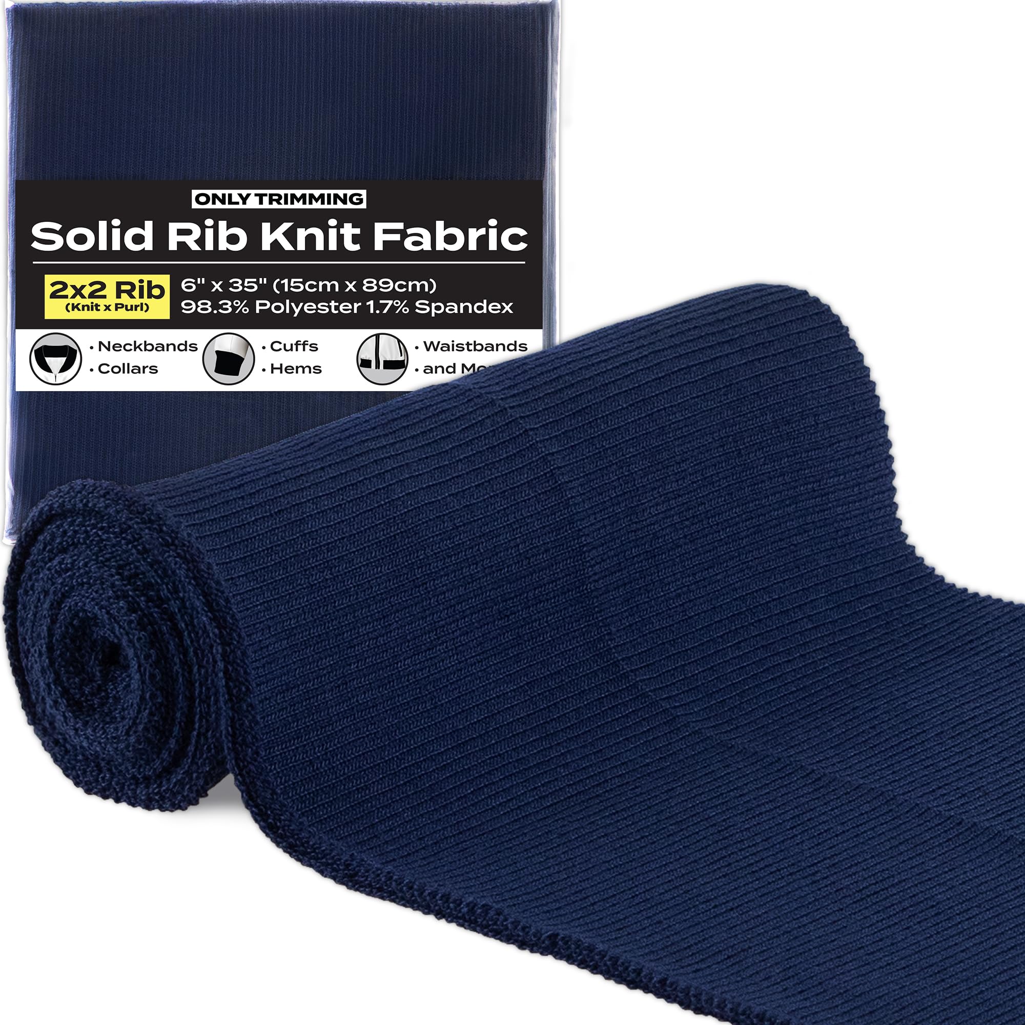 2x2 Solid Rib Knit Fabric, Stretchy Knitted Ribbing for Cuffs, Collars, and Waistbands, Polyester-Spandex Blend, DIY Sewing Trim, 6 x 35 Inches (Blue, 6 x 35 Inches)