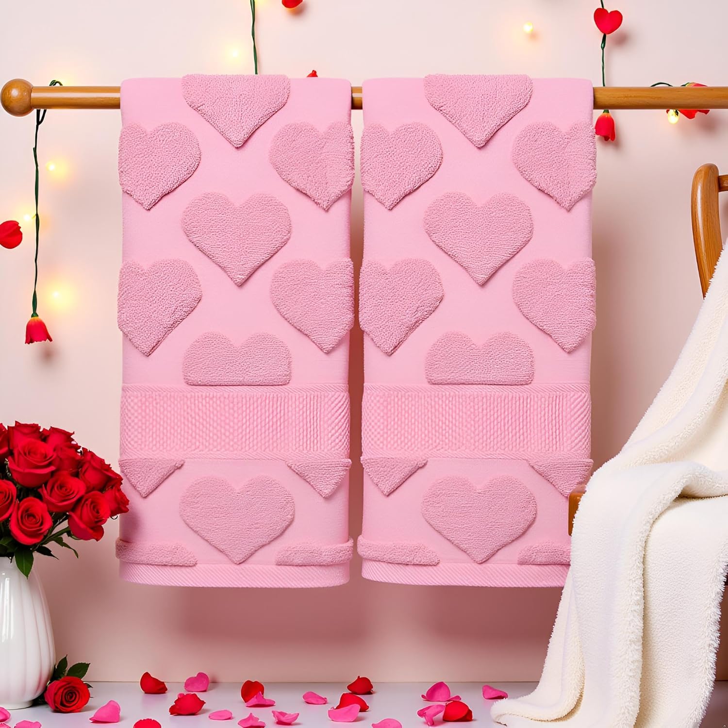 2 Pcs 3D Heart Valentines Day Hand Towels for Bathroom 100% Cotton Pink Jacquard Decorative Bath Towels Holiday Kitchen Dish Towels Valentines Bathroom Decor Gift 13.7 x 29.5 Inch (Pink) - Image 3