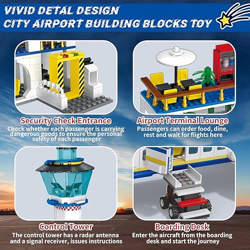 Miniatura 5 de Juego de bloques de construcción de terminal de pasajeros de aeropuerto de 838 piezas, juguete de bloques de construcción 6 en 1, proyectos de