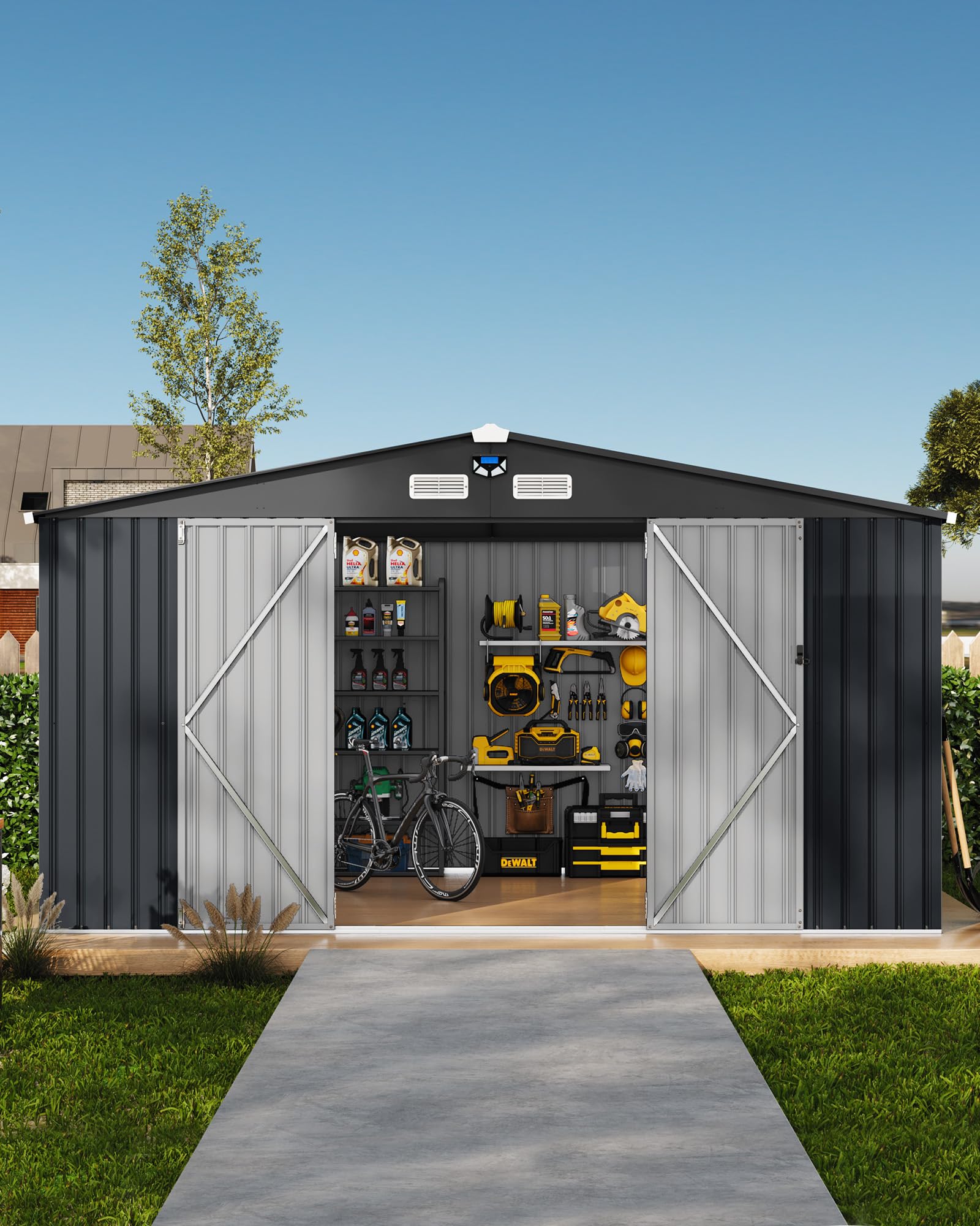 Photo 1 of ***UPDATED 6/12*** 12x10 FT Outdoor Storage Shed with Windows and Solar LED Light, Large Waterproof Metal Garden Shed with Lockable Double Doors, Vented Sloped Roof for Backyard Lawn Patio, Dark Gray