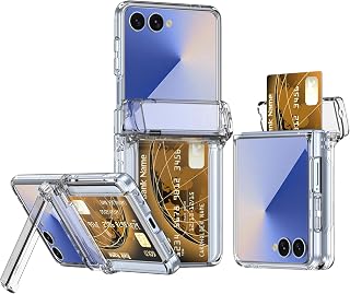 for Samsung Galaxy Z Flip 7 Case with Wallet, Bracket Card Holder Hinge Protection Full Body Shockproof Case Phone Cover for Samsung Galaxy Z Flip 7 2025 (Transparent)