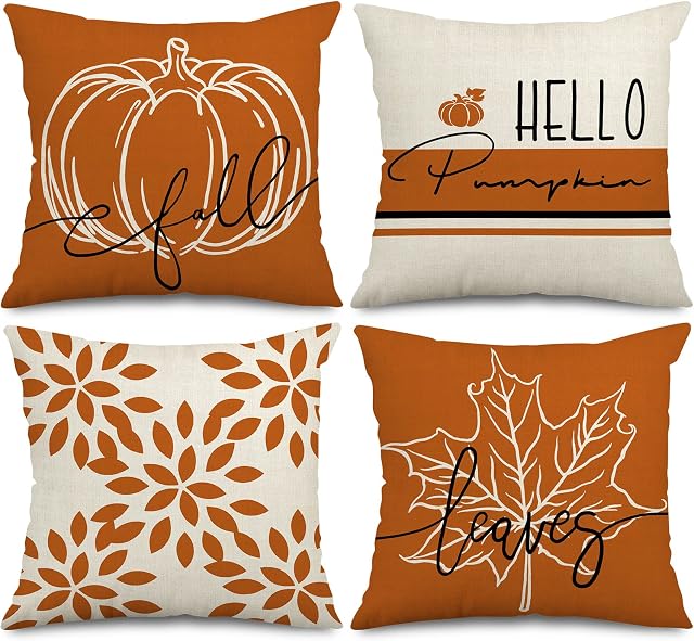 AnyDesign Fall Pillow Cover 18 x 18 Inch Hello Pumpkin Modern Throw Pillow Case Orange Pumpkin Autumn Leaves Cushion Case Farmhouse Decorative Cushion Cover for Home Office, 4Pcs