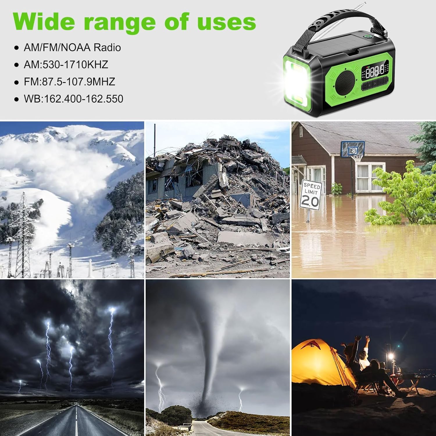 Radio Météo d'urgence 12 000 MAh, Radio AM Portable à Manivelle, Radio Alimentée par Batterie Solaire Rechargeable avec Chargeur et Adaptateur USB-C, Lampe de Poche D'alerte SOS