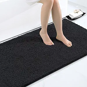 Smiry Luxury Chenille Bathroom Rugs 44x32, Extra Soft and Absorbent Shaggy Bath Mat, Machine Washable, Non-Slip Plush Carpet Runner for Tub, Shower, and Floor, Home Decor Accessories, Black