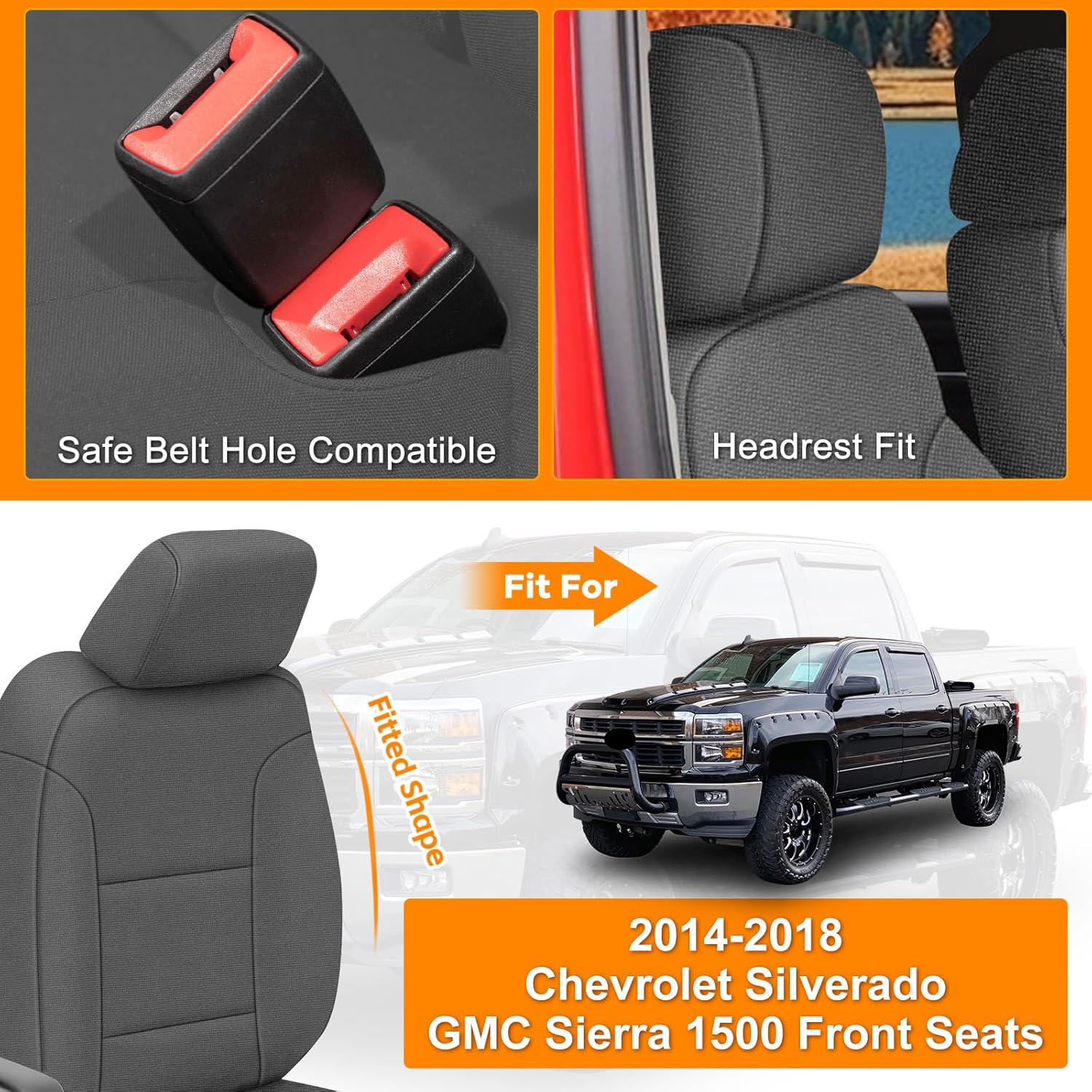 Front Seat Covers Compatible with 2014-2018 Chevy Silverado/GMC Sierra 1500 Full Set, Rear 40/60 Seats, Neoprene Durability Truck Seat Cover, Charcoal