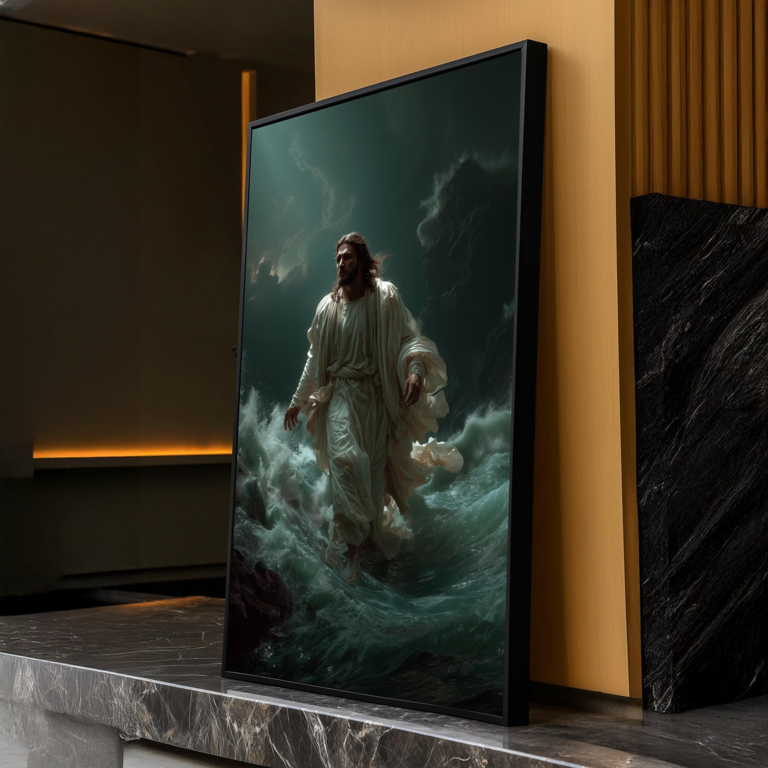 TONGYINLI Jesus Walking on Water Painting Canvas Wall Art, religijne plakaty i nadruki, inspirujące dzieło sztuki chrześcijańskiej (50 x 90 cm/rama wewnętrzna)