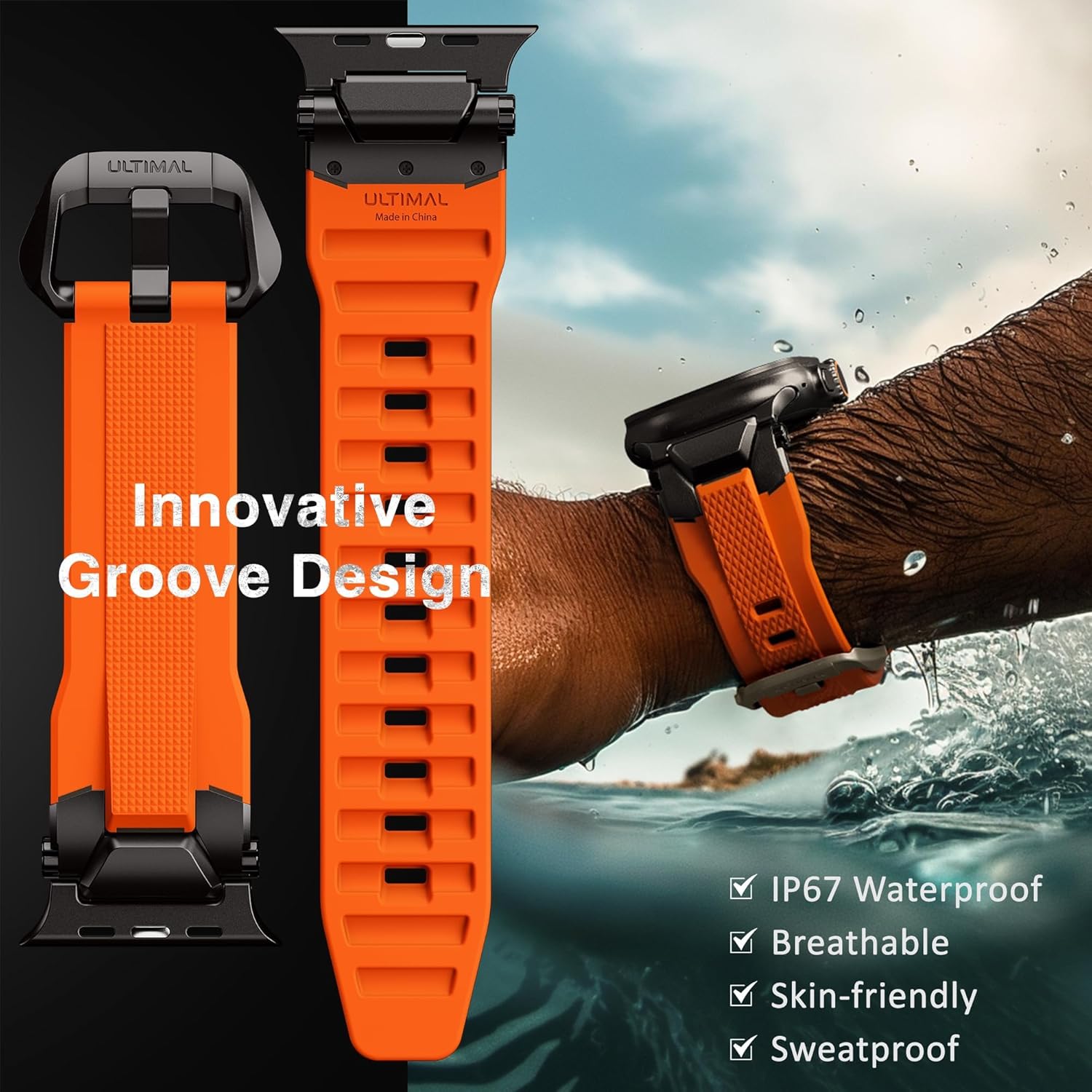 ULTIMAL Sport Band for Apple Watch 49mm/46mm/45mm/44mm, Soft TPU Strap with Stainless Steel Buckle & Connectors, Sweat-Resistant, Easy to Clean, Fits 155-225mm Wrist, for Apple watch Ultra 3/2/1, SE 3/2/1, Series 11/10/9/8/7/6/5/4 (Black/Orange) - Image 6