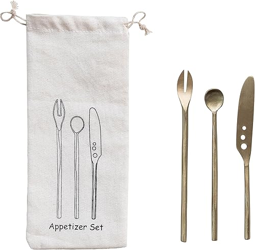 Creative Co-Op Juego de cocina de latón de 5.9 pulgadas con bolsa de cordón impresa, acabado mate, juego de 3 cubiertos