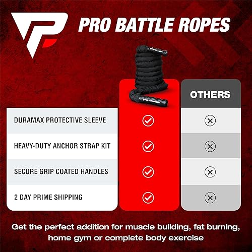 Miniatura 6 de Profect Sports Pro Battle Ropes Cuerdas de combate con correa de anclaje, funda protectora duradera mejorada, cuerda batalla pesada 100% de