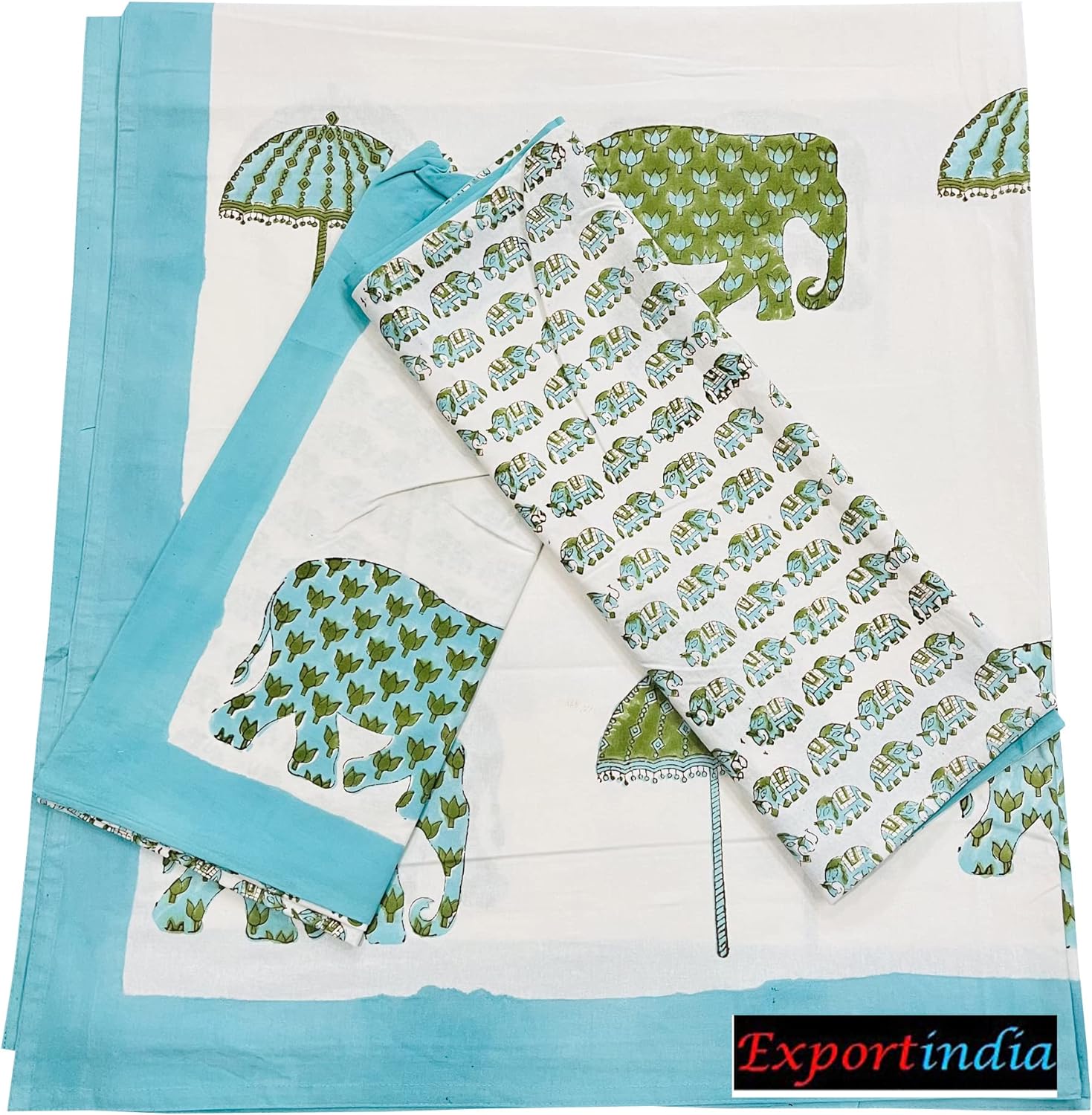 Exportindia Indian Hand Block Print 100% Pure Cotton Bedsheet Flat Sheet Elephant Print Hand Block Print with 2 Pillow Cover (King/Queen Size 90x108 Inch)