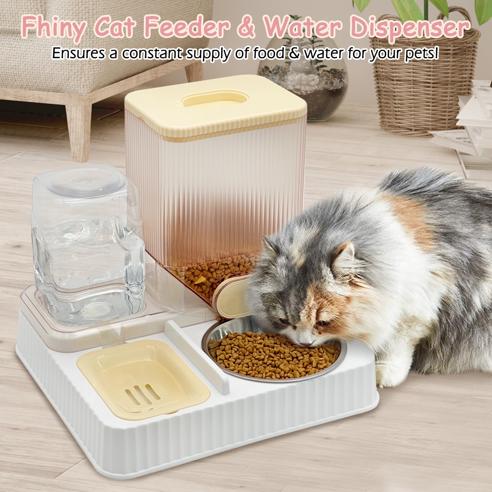 Fhiny Gravity Cat Feeder and Water Dispenser, 2 in 1 Automatic Pet Waterer Detachable Stainless Steel Food Bowls Set Pet Food Storage for Small Dog Puppy Cat Kitten Pet Easy Clean (Grey): Style E Yellow-Metal Bowl
