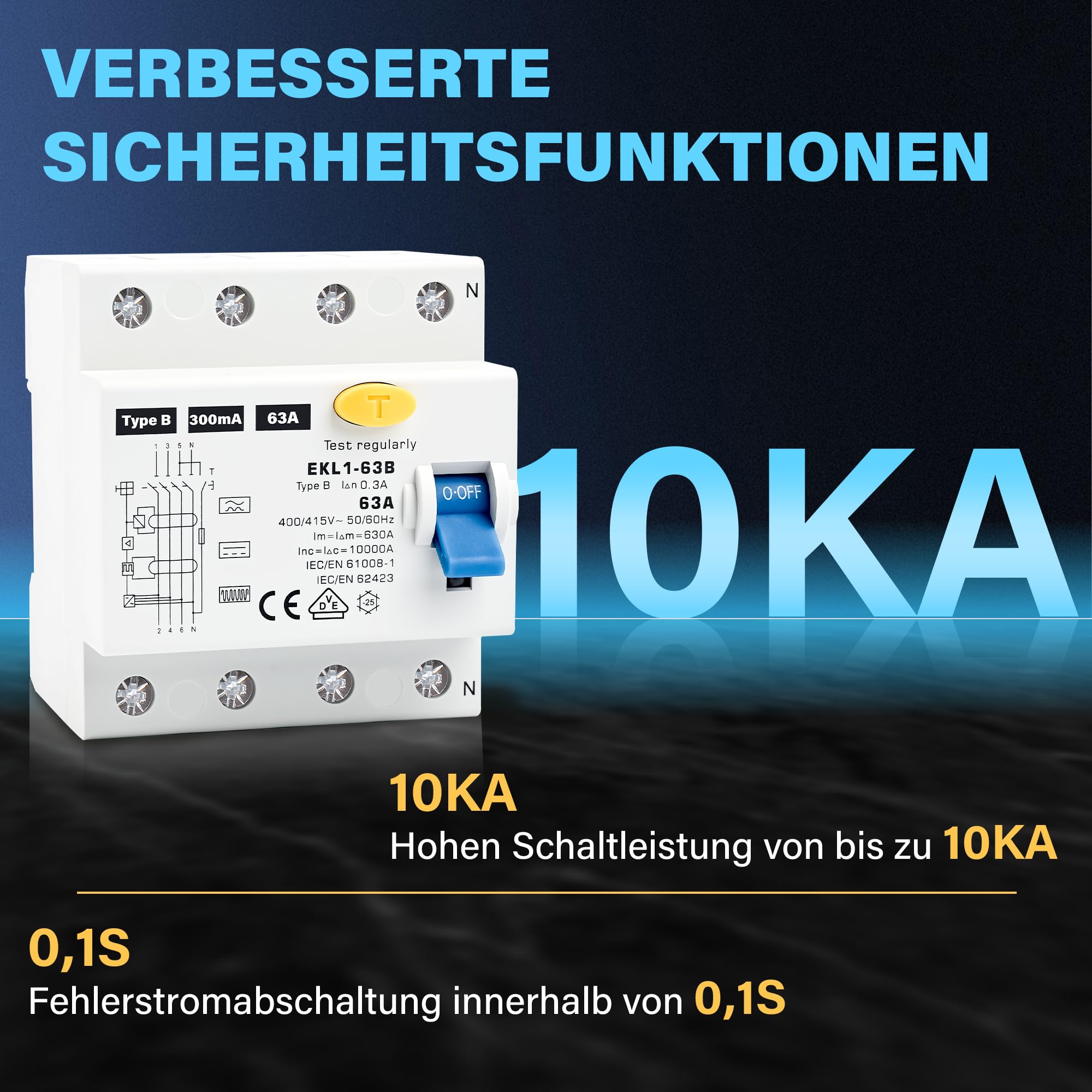 Warmfay® Disjoncteur FI type B 63 A 300 mA 4 broches certifié VDE | Disjoncteur de courant d'erreur RCD - Interrupteur automatique sensible à tout courant - Pour boîtes murales - Station de