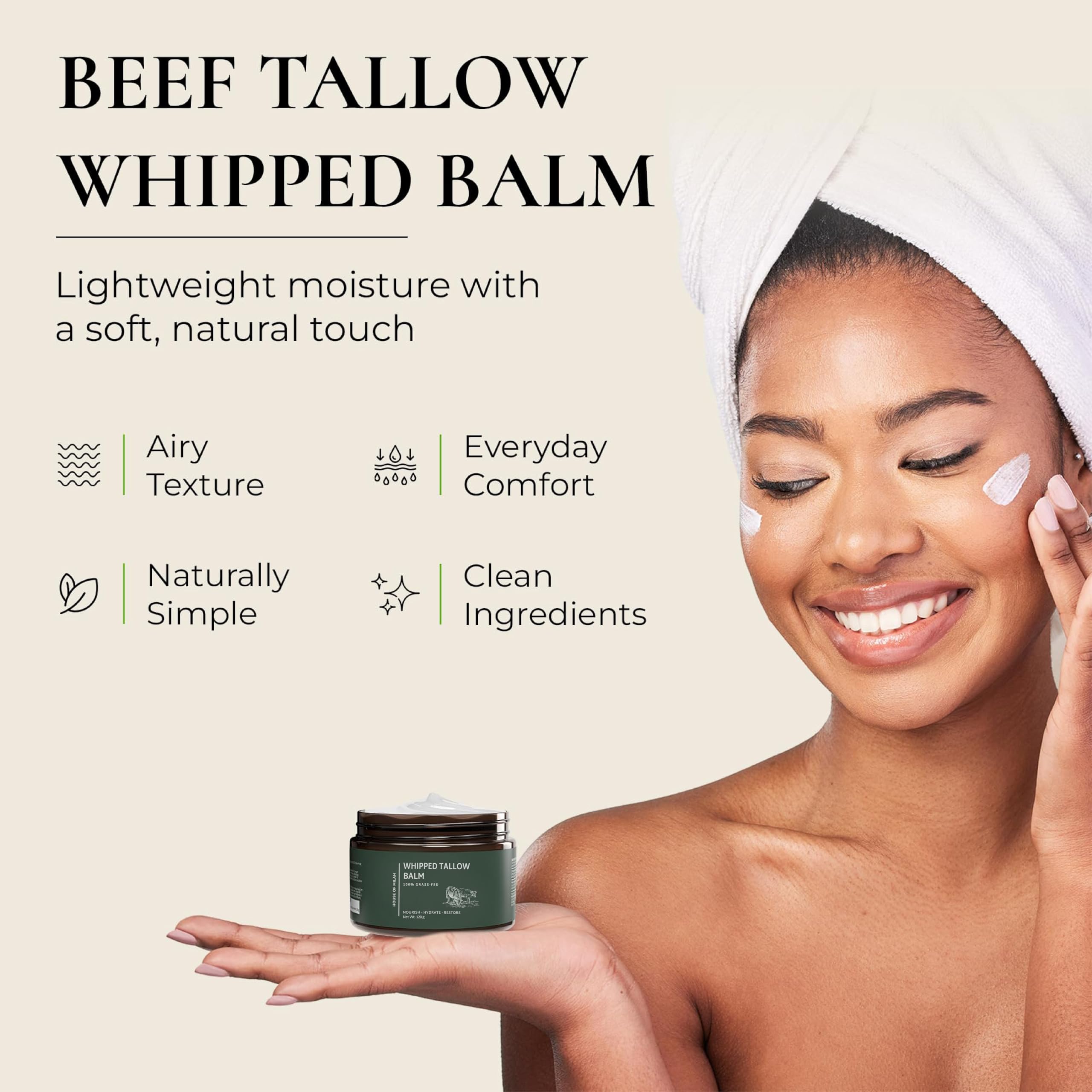Whipped Beef Tallow Moisturizer: Grass-Fed Tallow Face Balm with Honey, Jojoba & Olive Oils, Unscented - Image 2