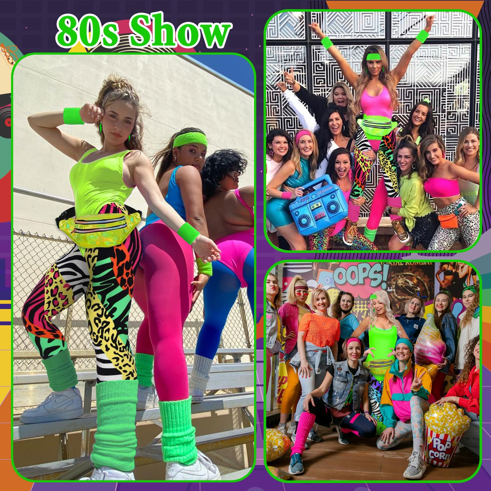 80er 90er Jahre Outfit Damen- Retro Trainingsanzug Workout Kostüm 80er Kleidung Accessoires Frauen mit 80s 90s Clothes Leggings Bauchtasche Stirnband Beinwärmer für Karneval Fasching Mottoparty Kostüm