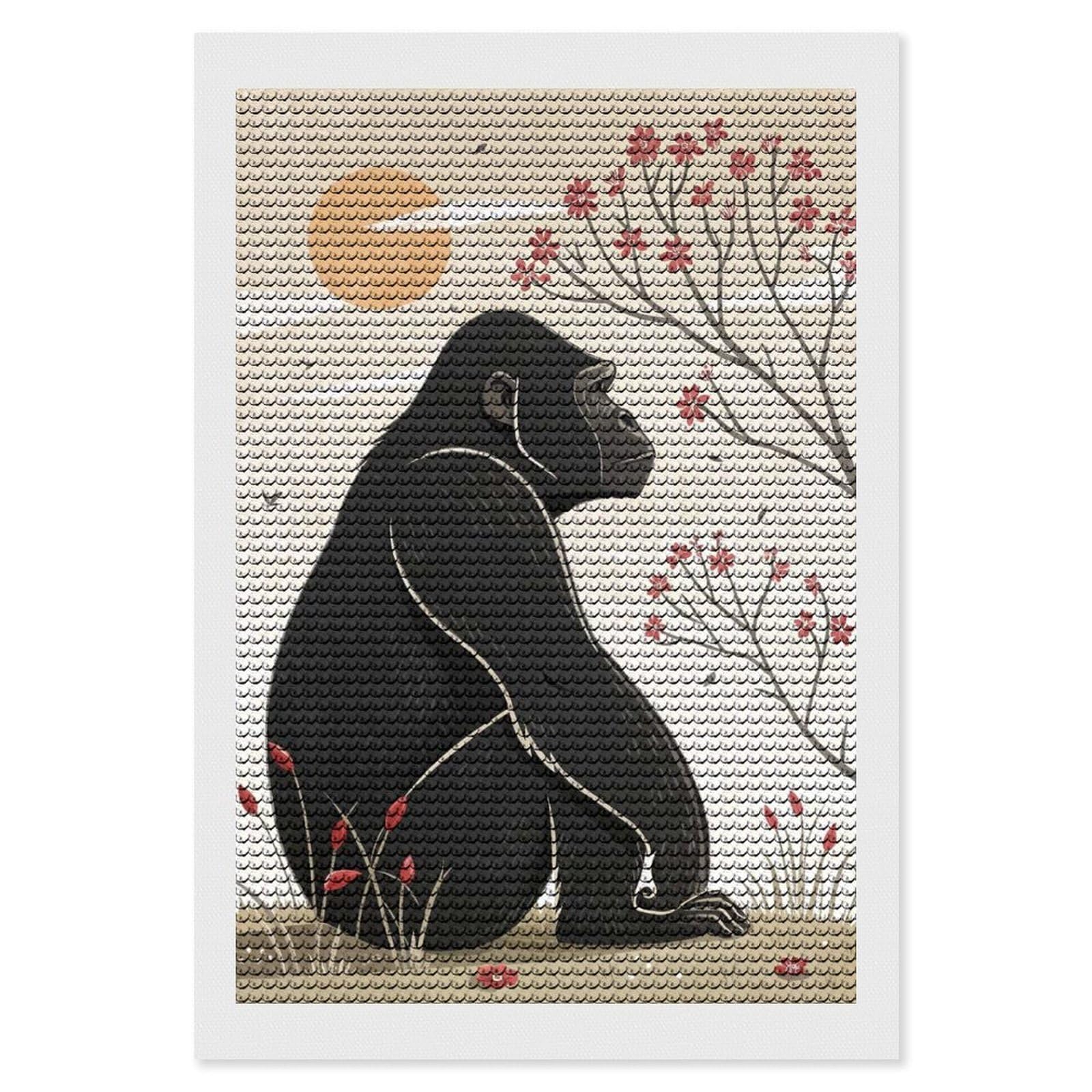 Junmoney Gorilla Sitting Under Cherry Blossoms Round Drill Diamond Painting 8"x12", for Women, Relaxing DIY Hobby, Bedroom Decor, Christmas Gift, Adhesive Canvas