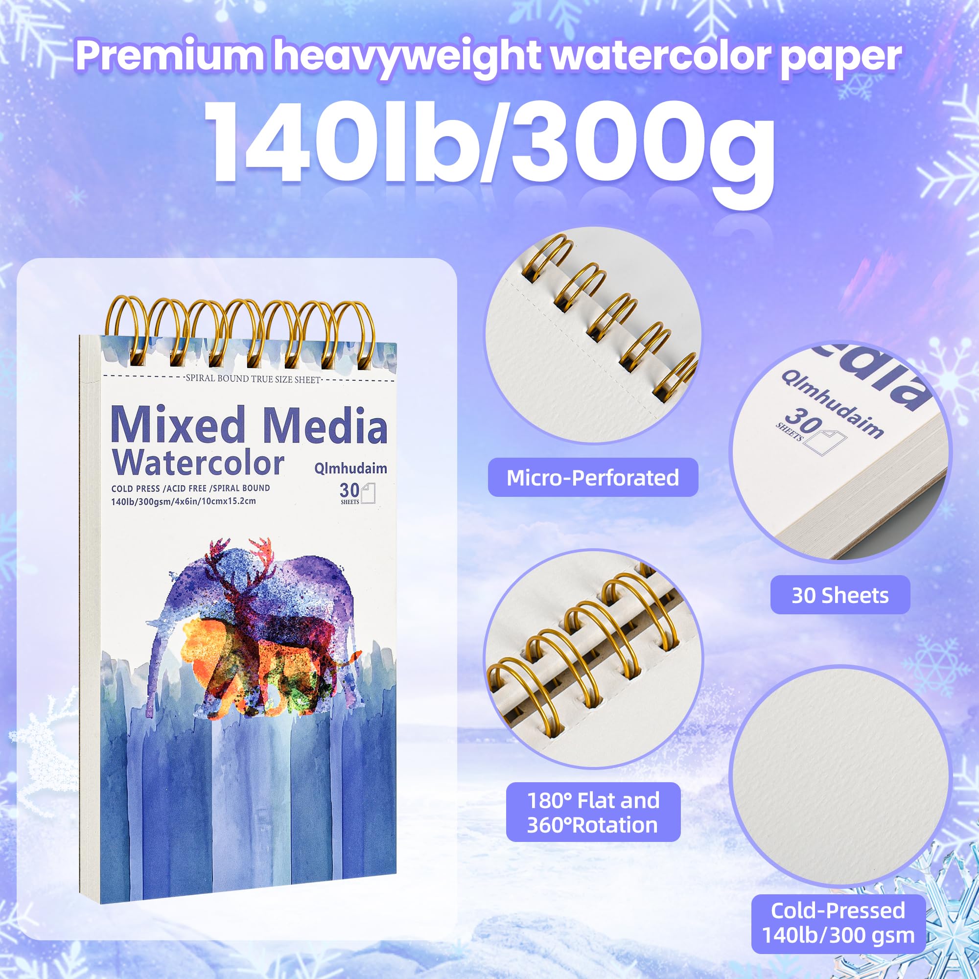 Qlmhudam Watercolor Paper Pad 8" x 11" - Heavyweight and textured paper Sketchbook,Spiral Bound, 20 Sheets 140lb/300g sketch pad, Watercolor Sketchbook for Wet & Dry Media,Drawing ，& Painting Journals