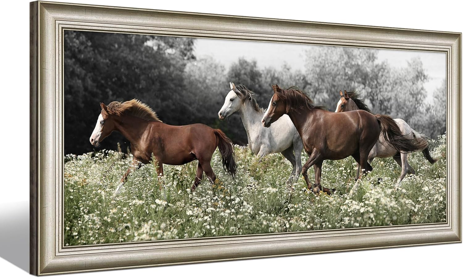 Framed Horse Wall Art Canvas: Running Wild Animal Print Western White and Brown Horses Painting Picture Large Wildlife Artwork Decor for Living Room Bedroom Home 60 x 30 inch Horse Theme 03 60"x30"(Framed)