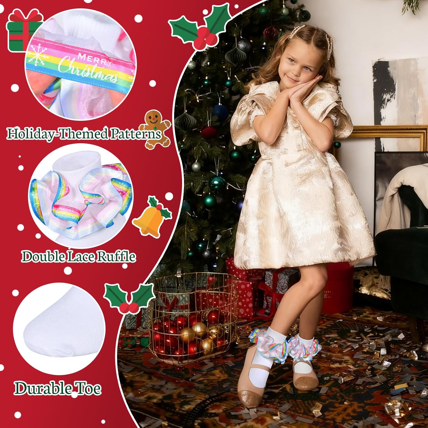 Toddler Lace Green Red Cute Dwarf and Merry Christmas Ruffles Socks for Girls Turn Cuff Gnomes Frilly Dress Sock - Image 5