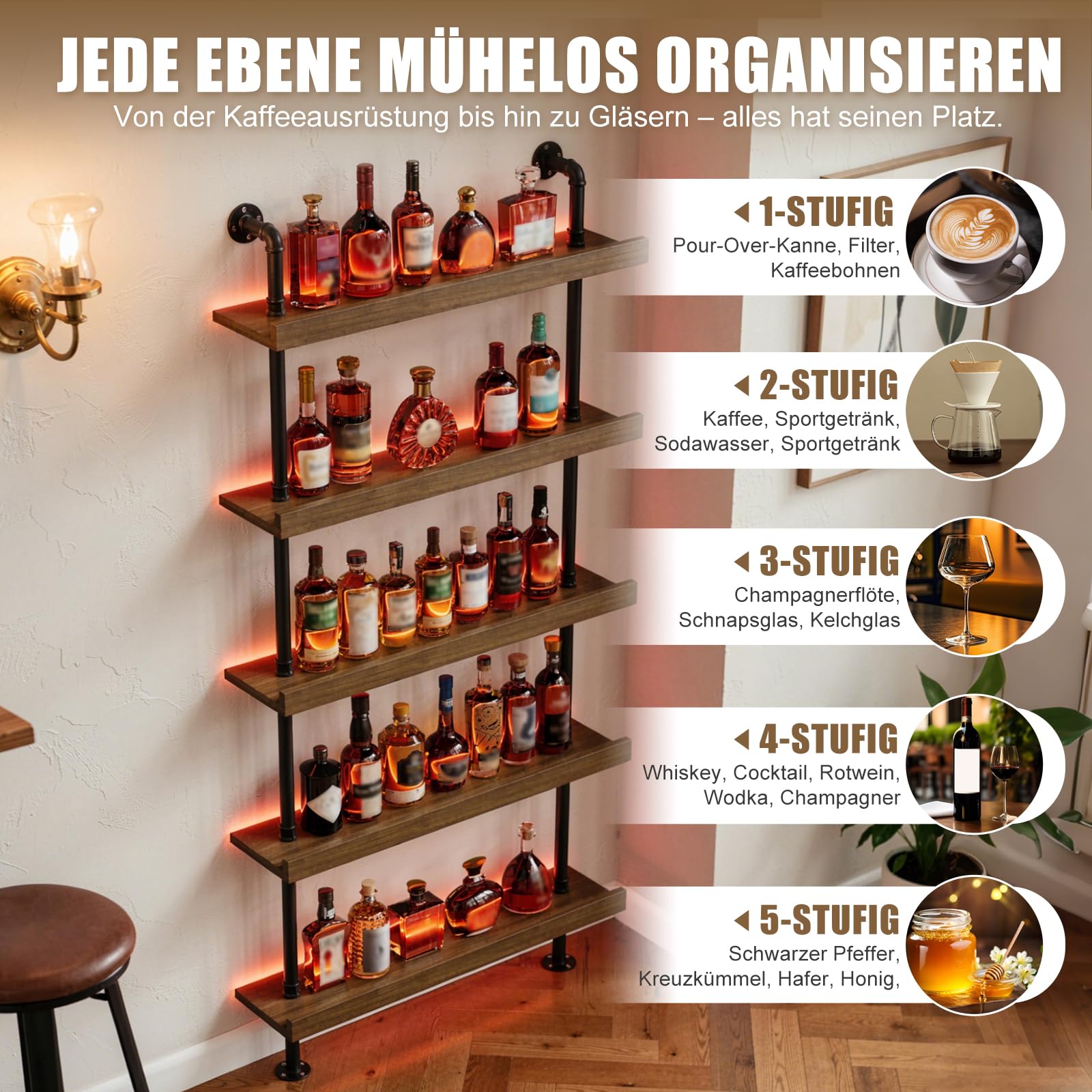 Weinregal Wand mit LED 5 Ebenen Wandmontage Wine Display-Ständer Weinregal für Die Wand aus Metall & Massivholz Wandmontierte Weinregal Bar Regal für Bars,Weinkeller,Küche,Restaurants 20x100x180CM