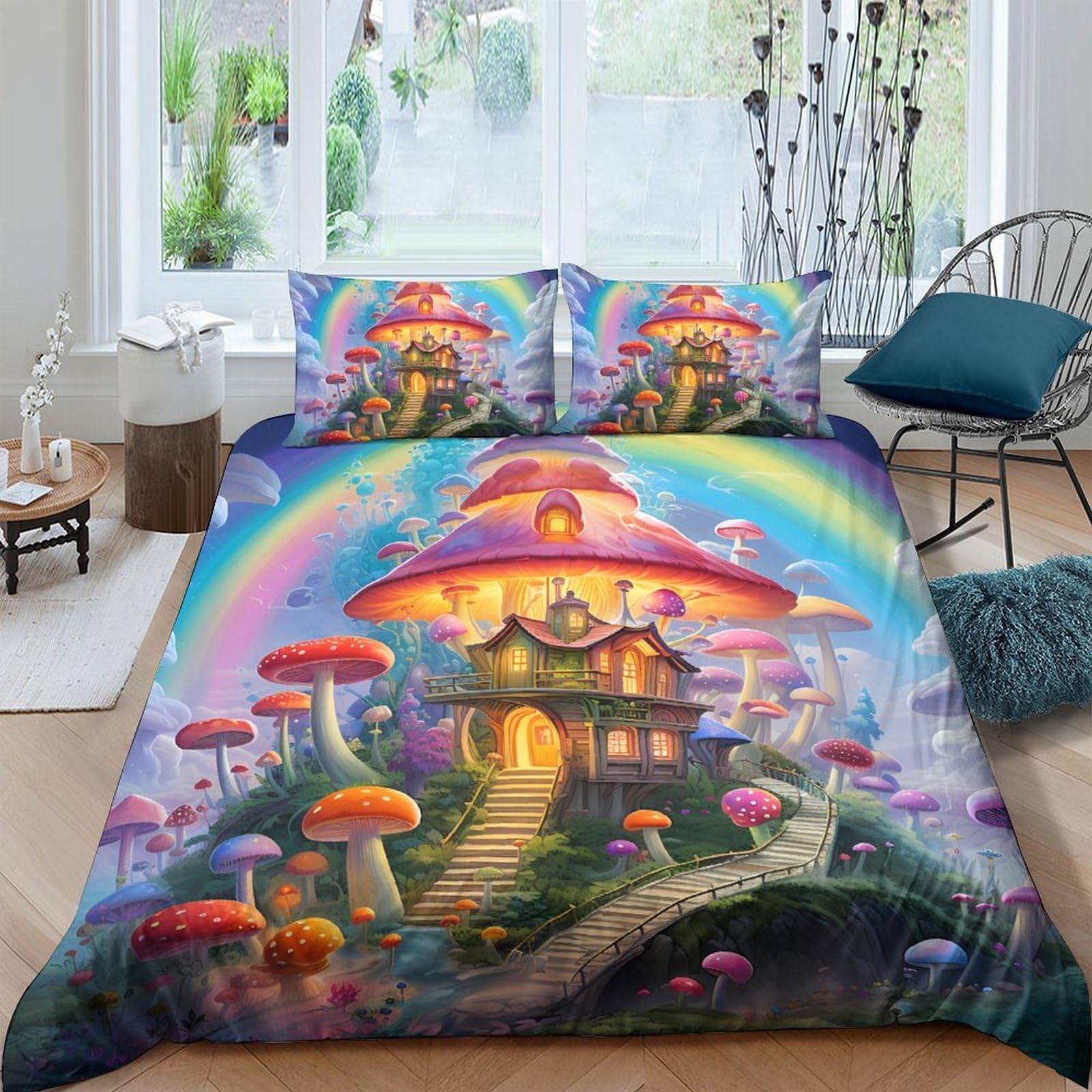 Ctjqhvkz Style-1 3D Printed Fantasy Mushroom House Fitted Sheet Microfiber Non-Slip Rainbow Bed Cover For Bedroom Guest Room Decor Single（135X200cm）