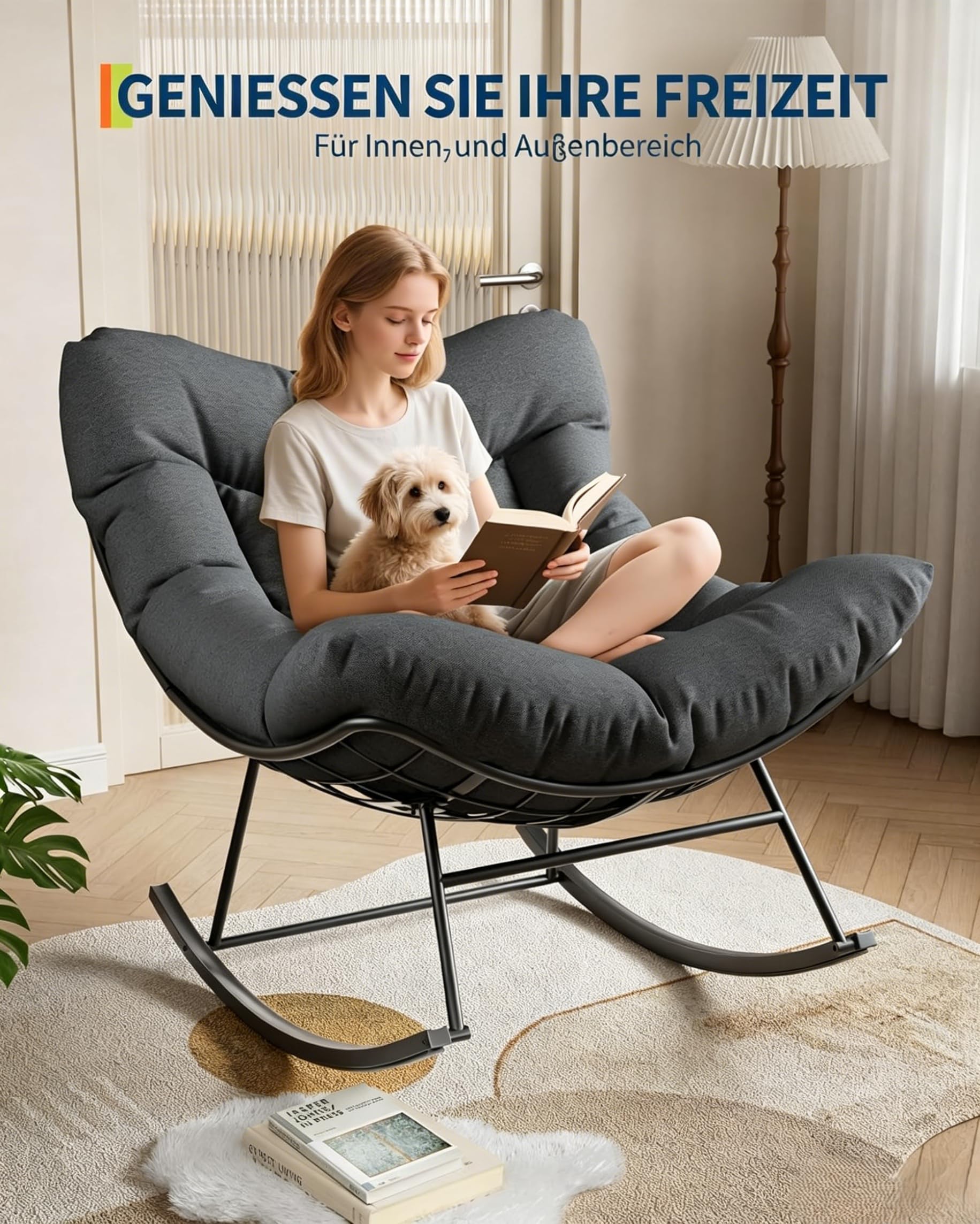 Garvee Eiersessel Schaukelstuhl mit Polster, Moderner Relaxsessel mit stabilem Metallgestell, Bequemer Lesesessel Grau für Wohnzimmer Balkon Terrasse Garten Indoor & Outdoor - Anthrazit