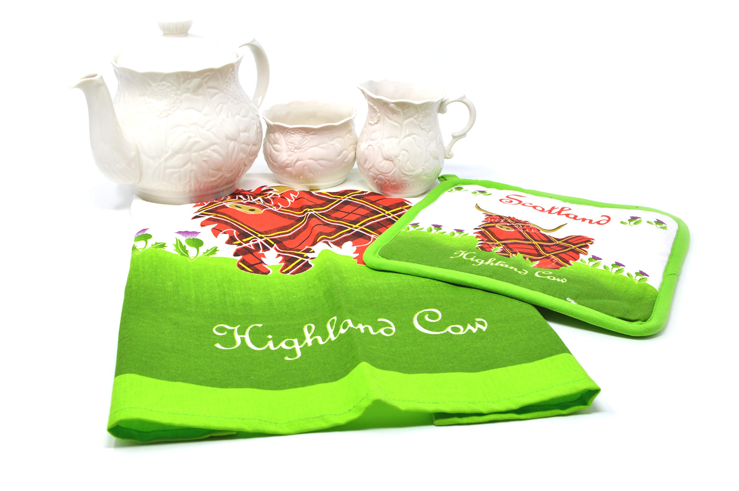 Royal Tara Scottish Cotton Tea Towel and Pot Holder with Highland Cow, Green, Red - Image 4