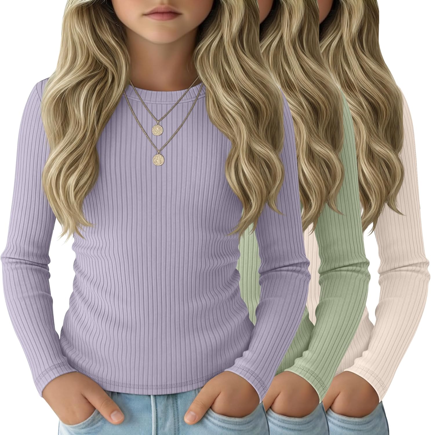 LessonZoo 3 Pack Girls Long Sleeve Shirts Cotton Ribbed Knit Ruched Layer Tops Slim Fit Casual Undershirts Crewneck Tees