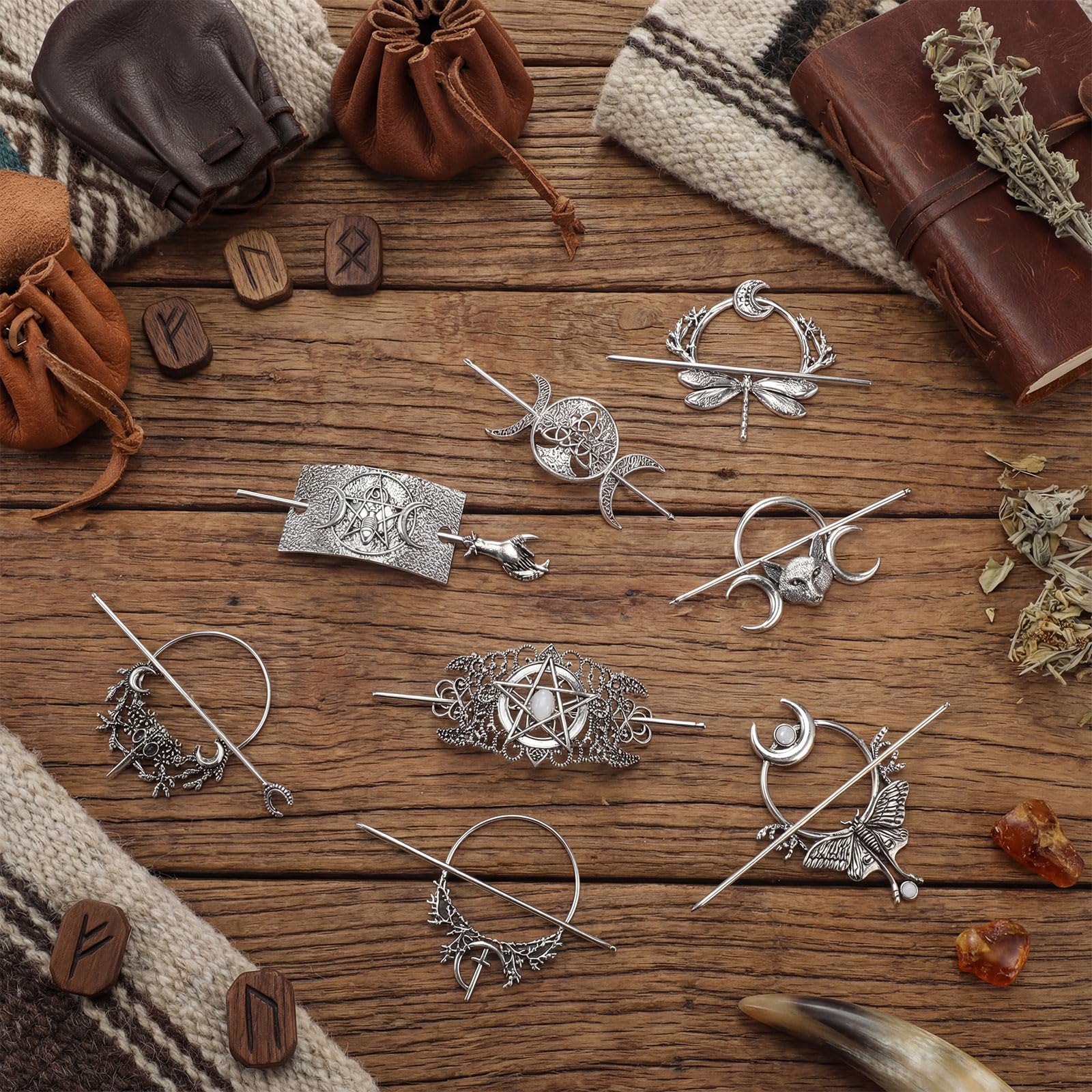 Syhood 8 Pcs Viking Celtic Hair Clips Vintage Knot Hair Stick Retro Silver Metal Celtic Barrette Hairpins Viking Jewelry Accessories for Women (Classic): 8 Moon
