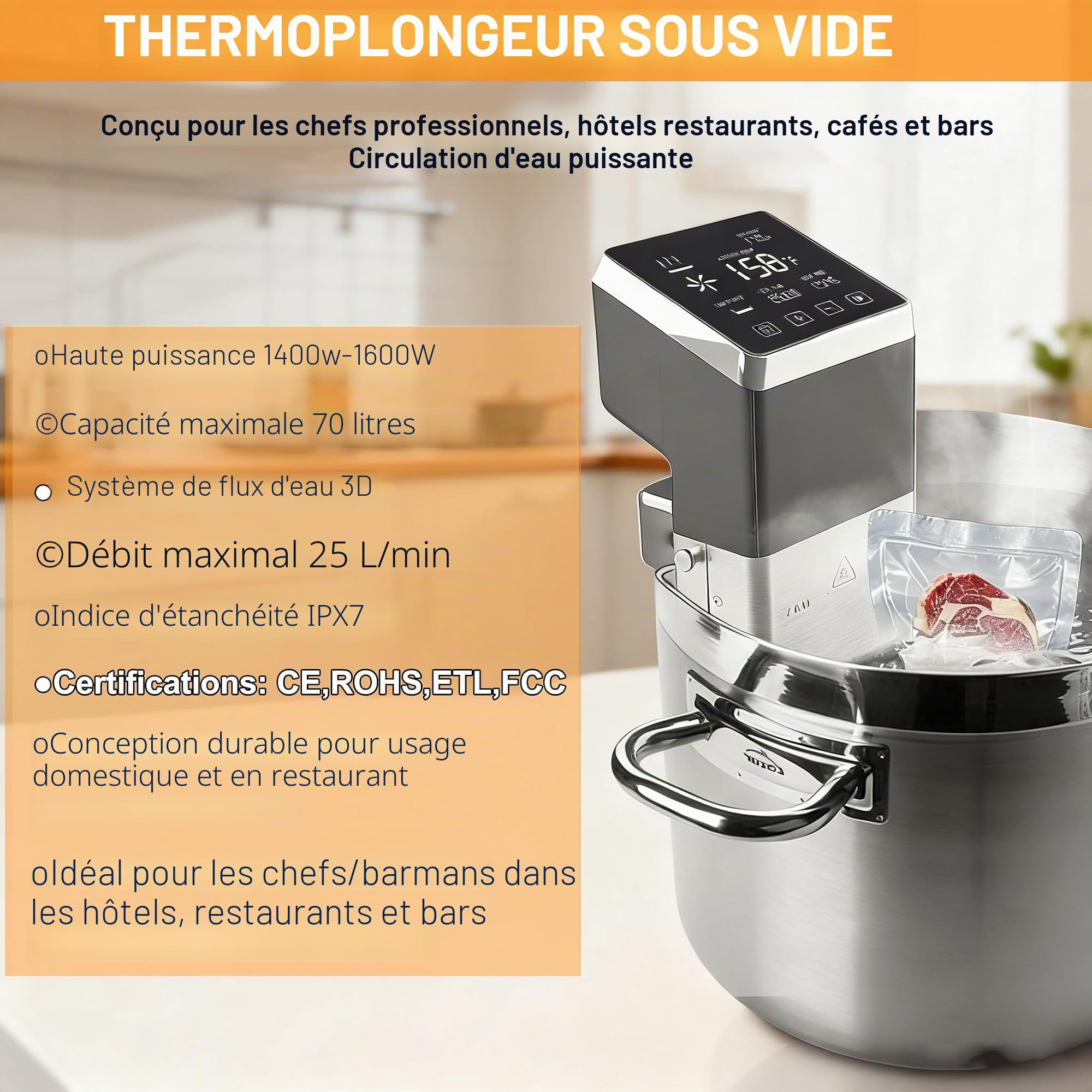 Thermoplongeur sous Vide, Cuisson au Bain-Marie Professionnel Jusqu’à 70 L, Cuisson sous Vide à Température Ambiante, Écran LCD avec Panneau de Réglage, 1600 W