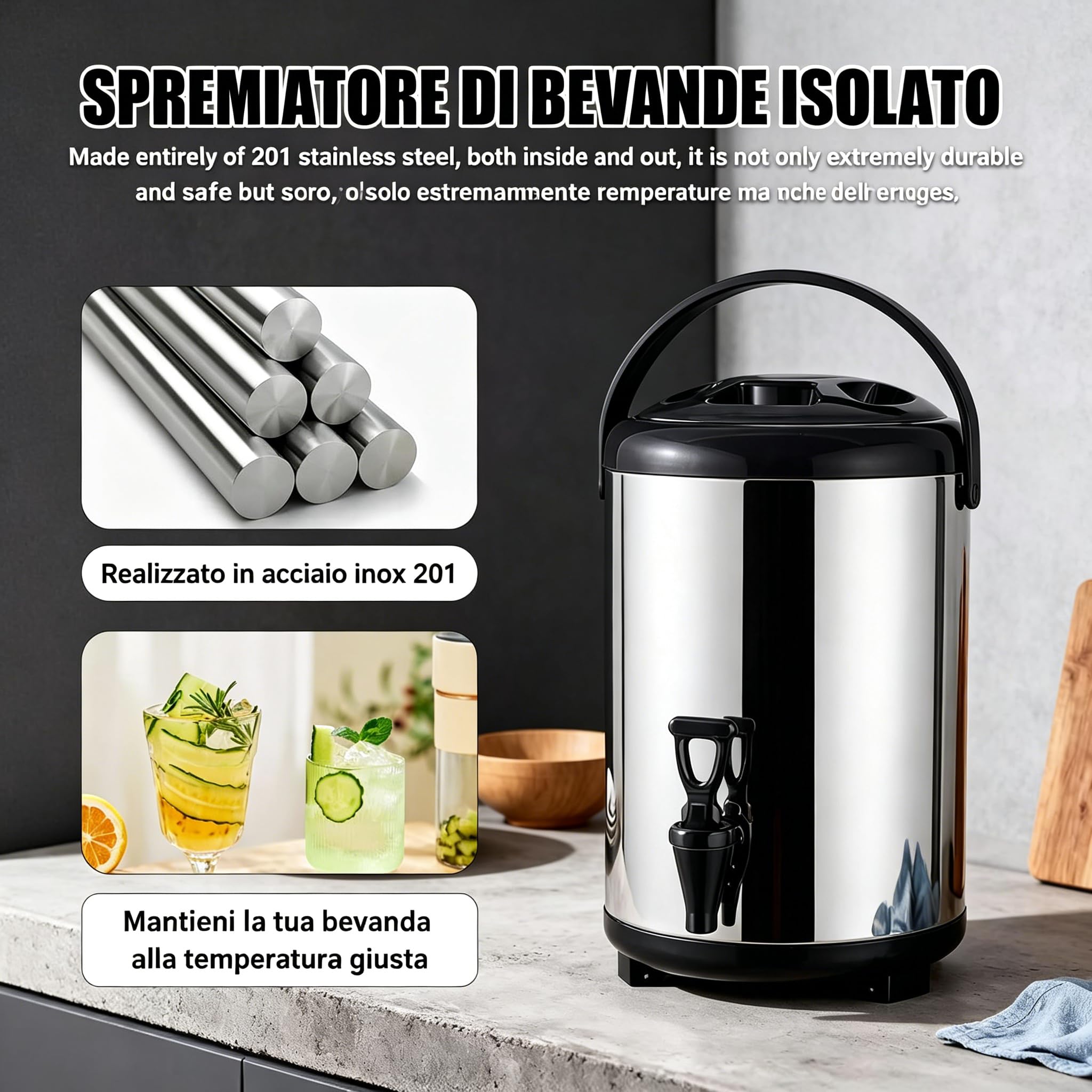 Distributore Di Bevande In Acciaio Inossidabile, Secchio Isolato 8L Per Bevande Calde E Fredde Con Rubinetto Per Tè Al Latte