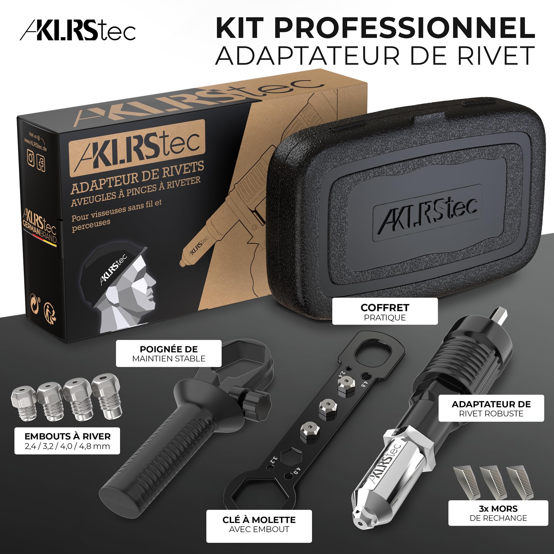 KLRStec® Adaptateur de rivets aveugles à pinces à riveter - Embouts à riveter pour visseuse sans fil et perceuse