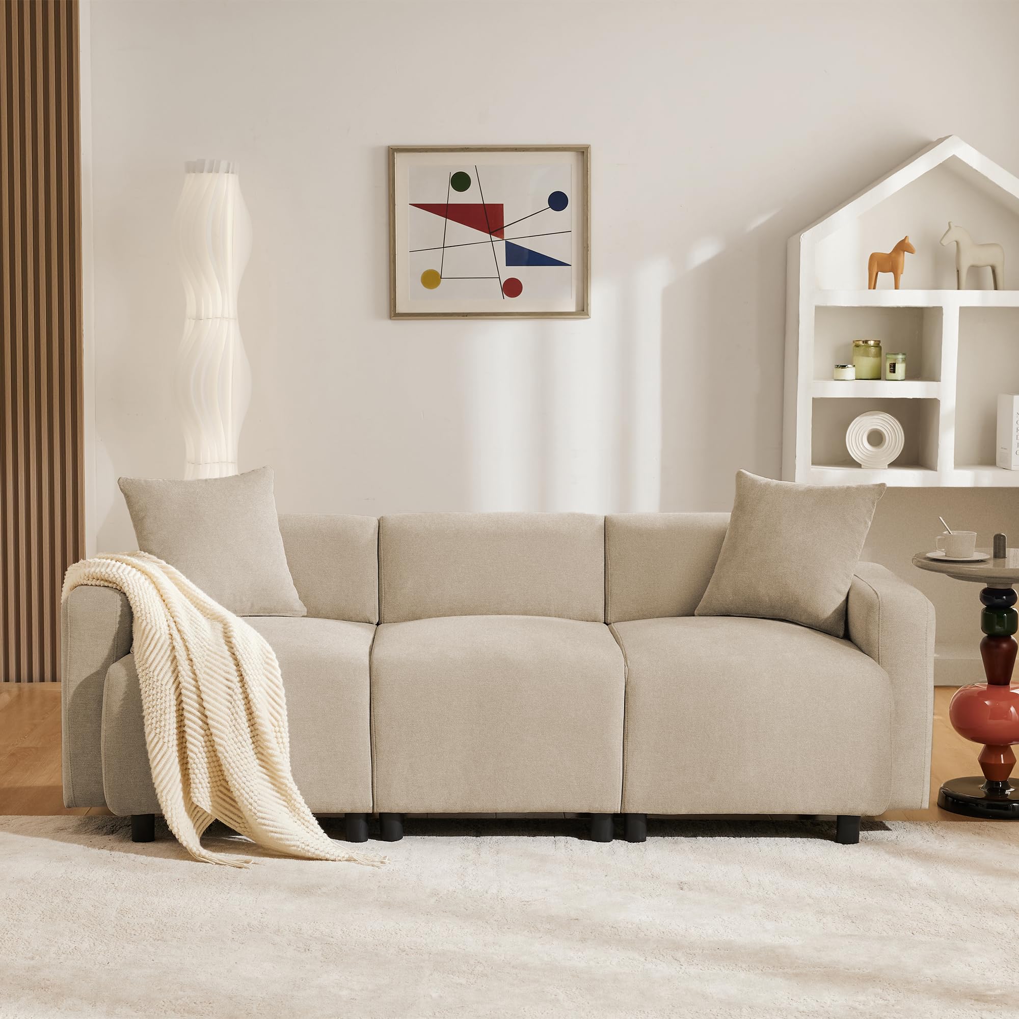 REXO Divano normale, design moderno, mobili imbottiti, divano a 3 posti, divano per soggiorno, con cuscini decorativi (Beige 3 posti)