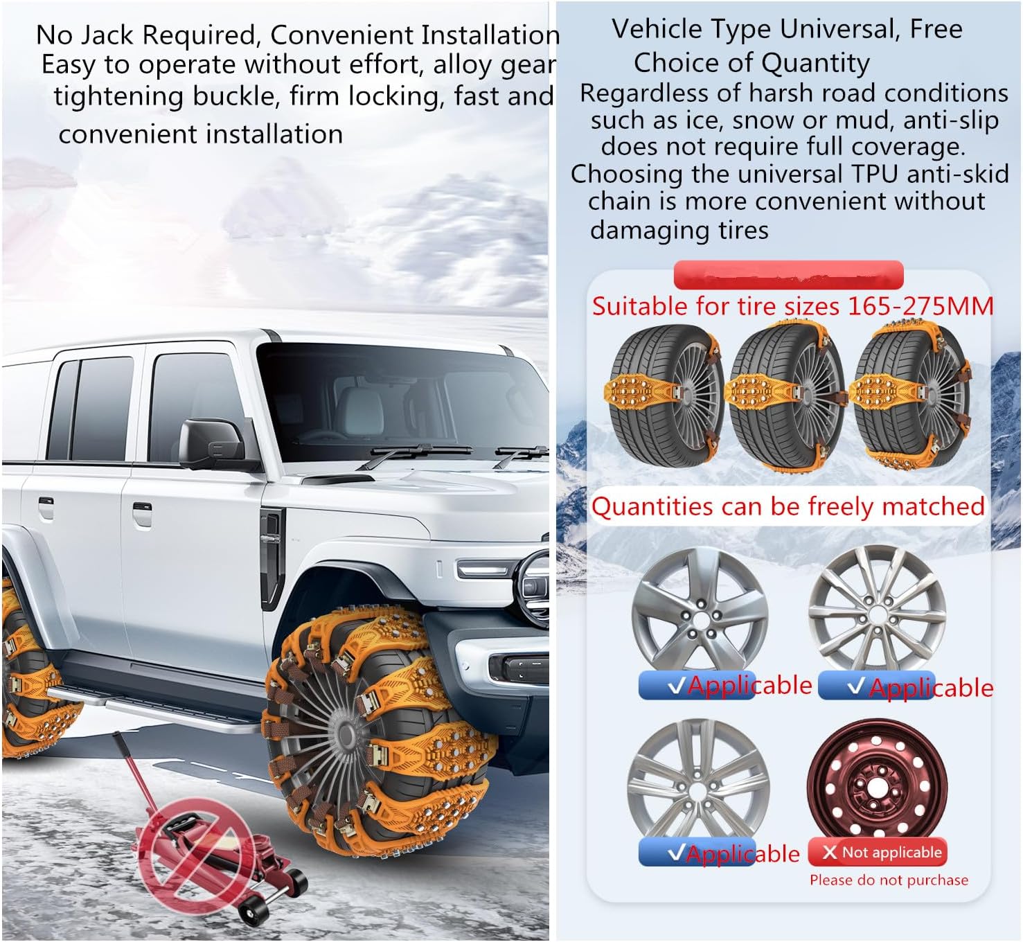 Snow Chains - 1-Minute Quick Installation Heavy-Duty Emergency Anti-Skid Chains, Compatible with Car & SUV Tires (215/225/235/245/255/265/275-Sizes) (Black - 32 Pieces - For Four Wheels, 32)